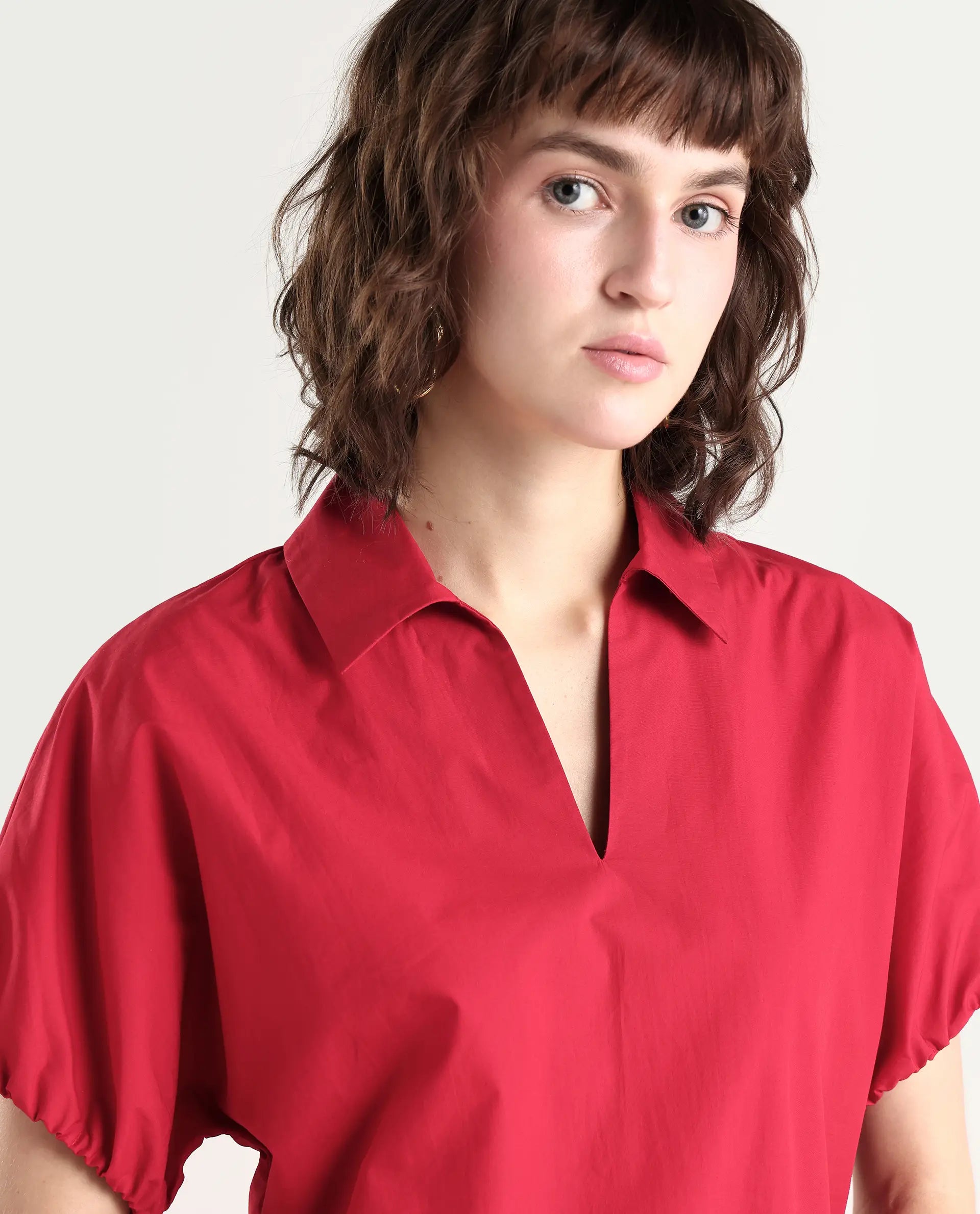 Rareism Women's Valet Red Cotton Half Sleeve Regular Fit Plain Top