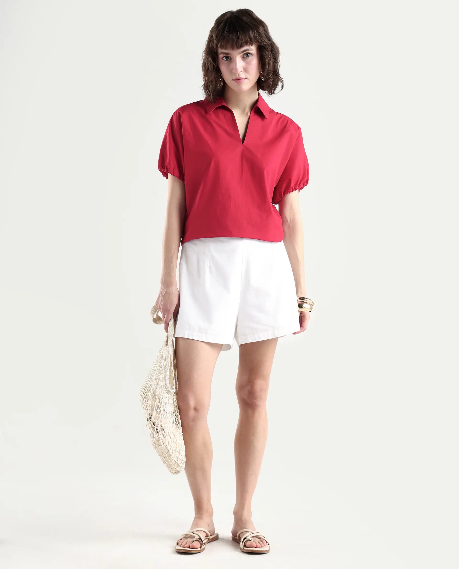 Rareism Women's Valet Red Cotton Half Sleeve Regular Fit Plain Top