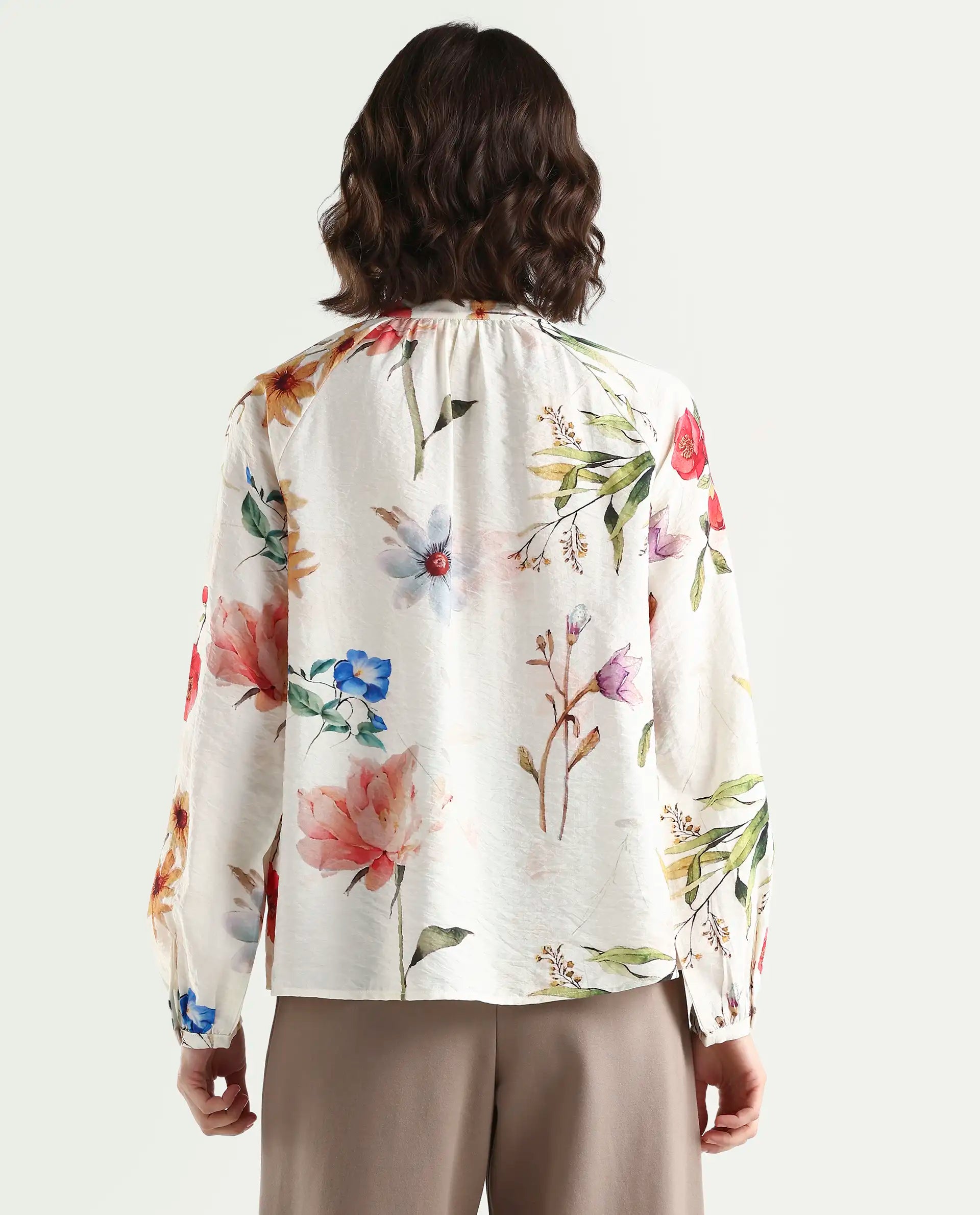 Rareism Women's Valia Off White Viscose Blend Full Sleeve Relaxed Fit Floral Print Top