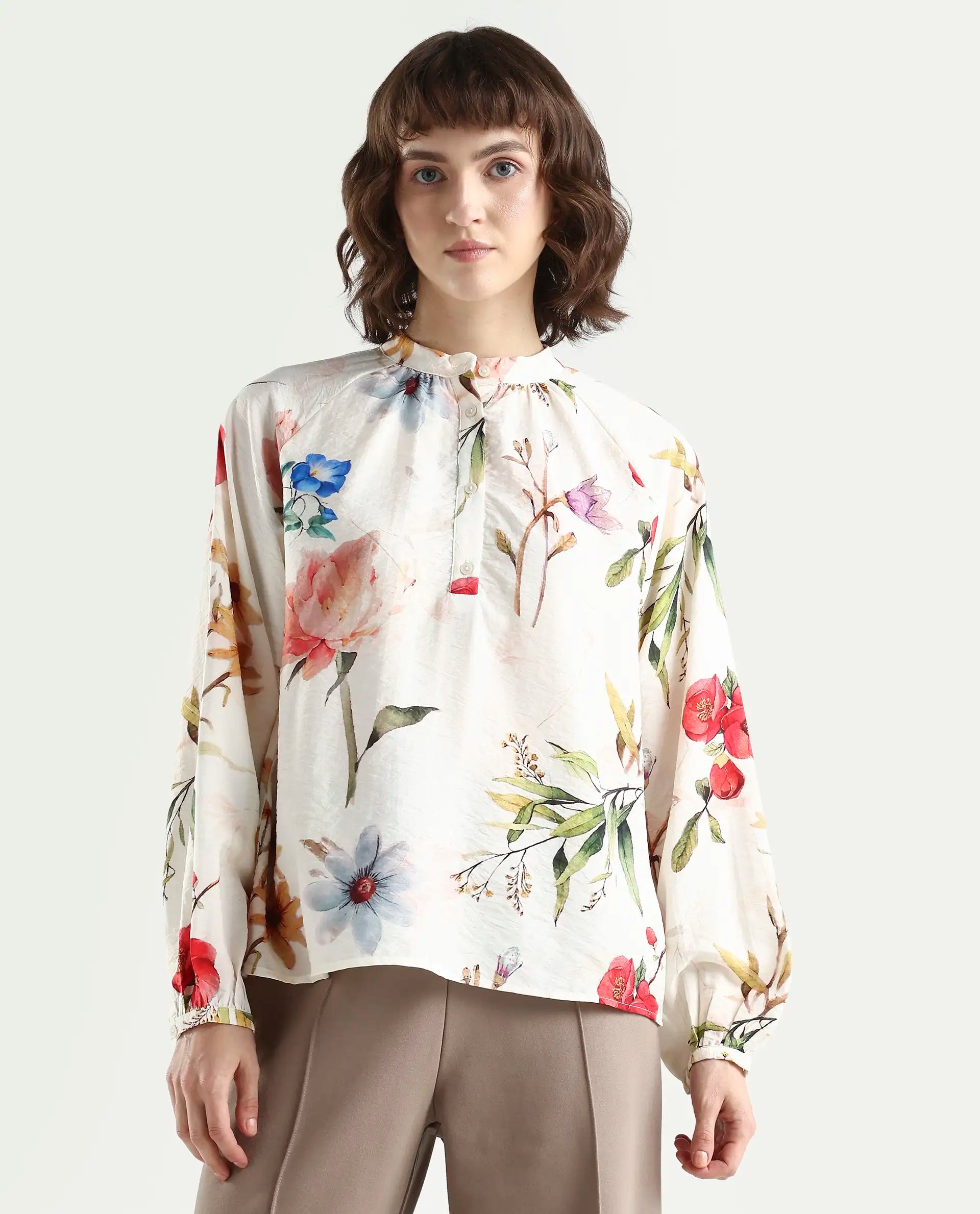 Rareism Women's Valia Off White Viscose Blend Full Sleeve Relaxed Fit Floral Print Top