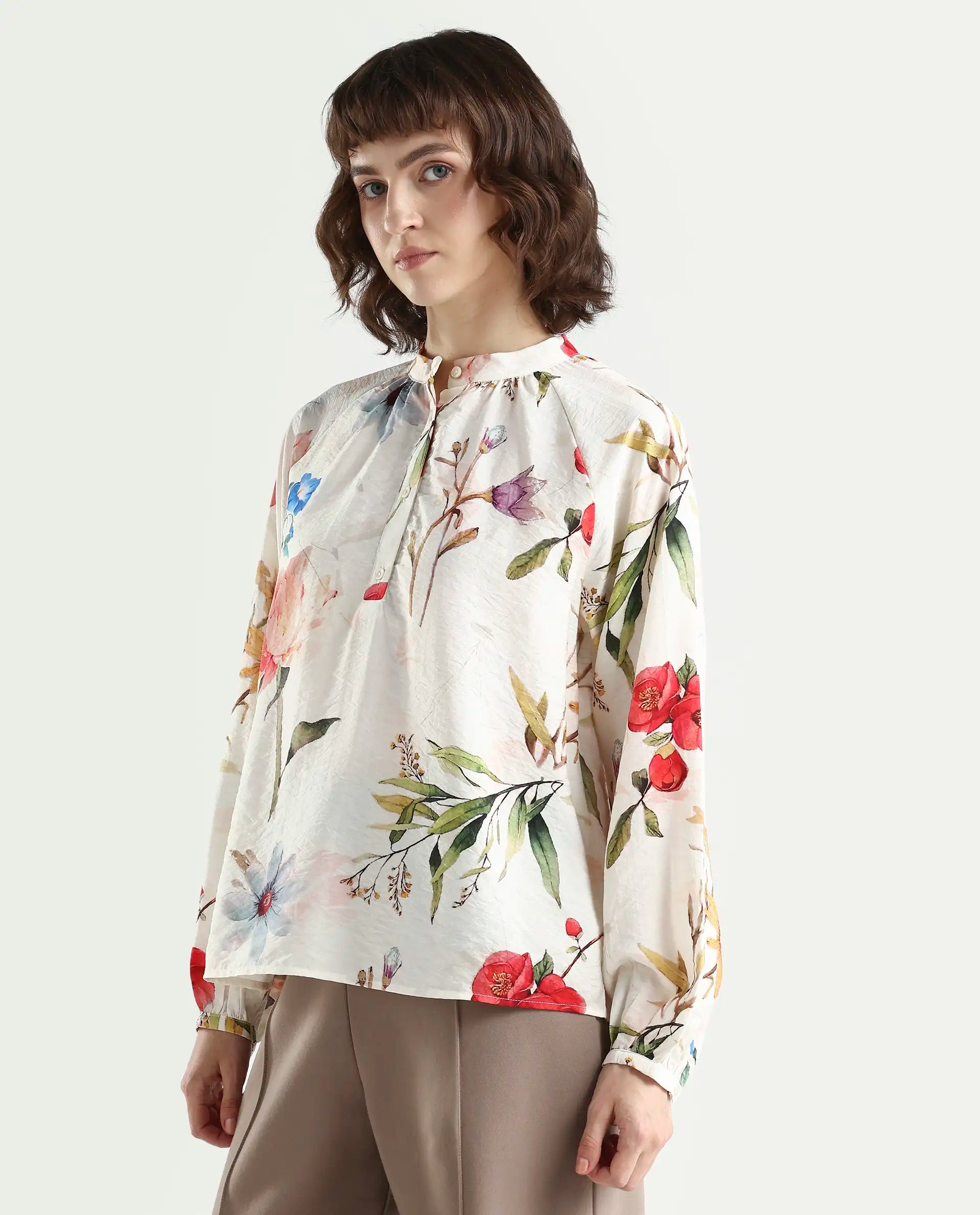 Rareism Women's Valia Off White Viscose Blend Full Sleeve Relaxed Fit Floral Print Top