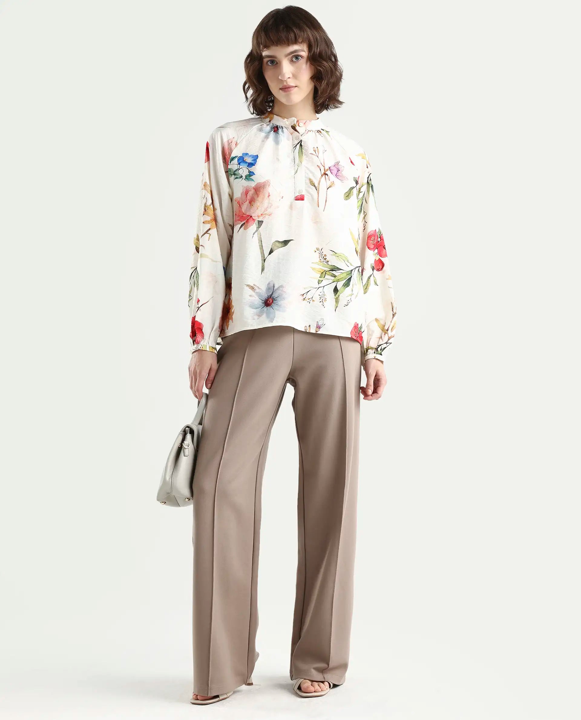 Rareism Women's Valia Off White Viscose Blend Full Sleeve Relaxed Fit Floral Print Top