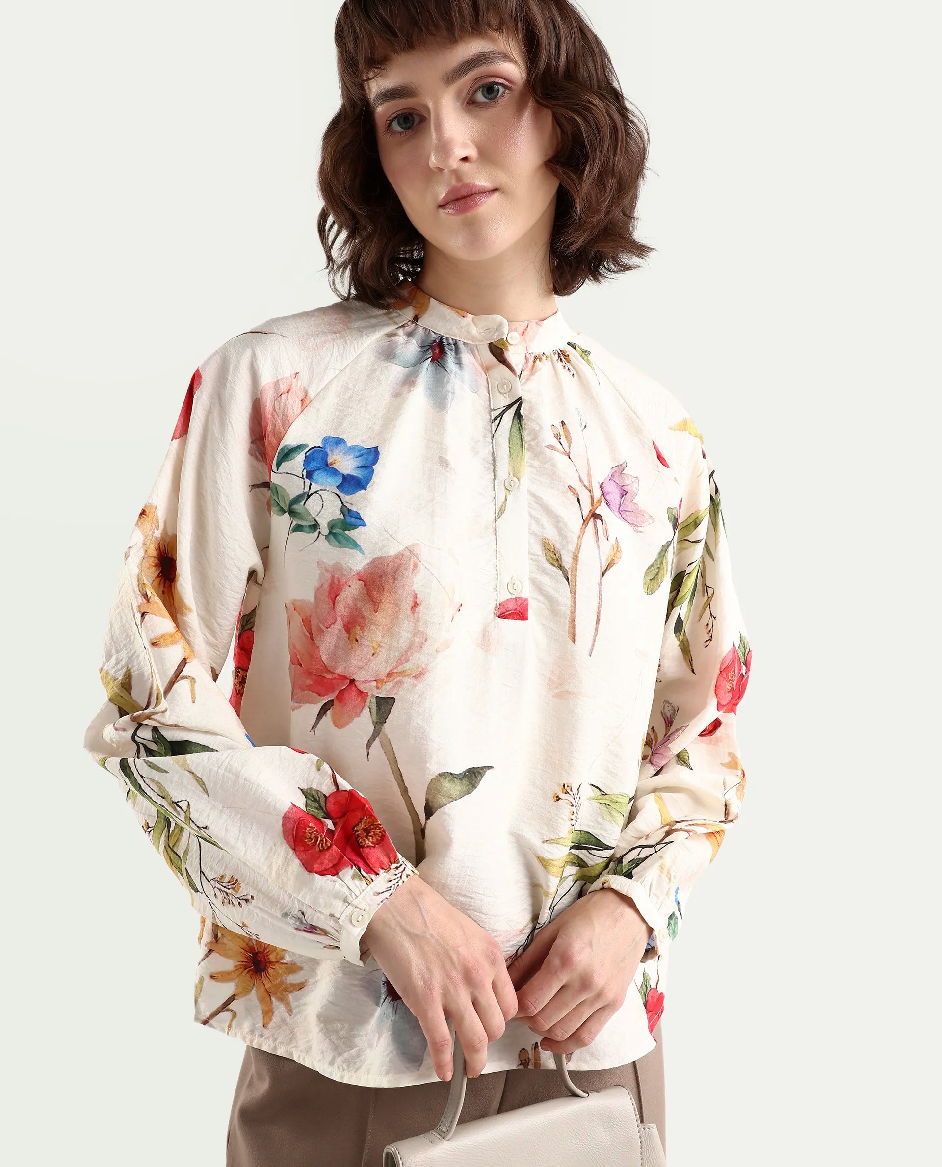 Rareism Women's Valia Off White Viscose Blend Full Sleeve Relaxed Fit Floral Print Top