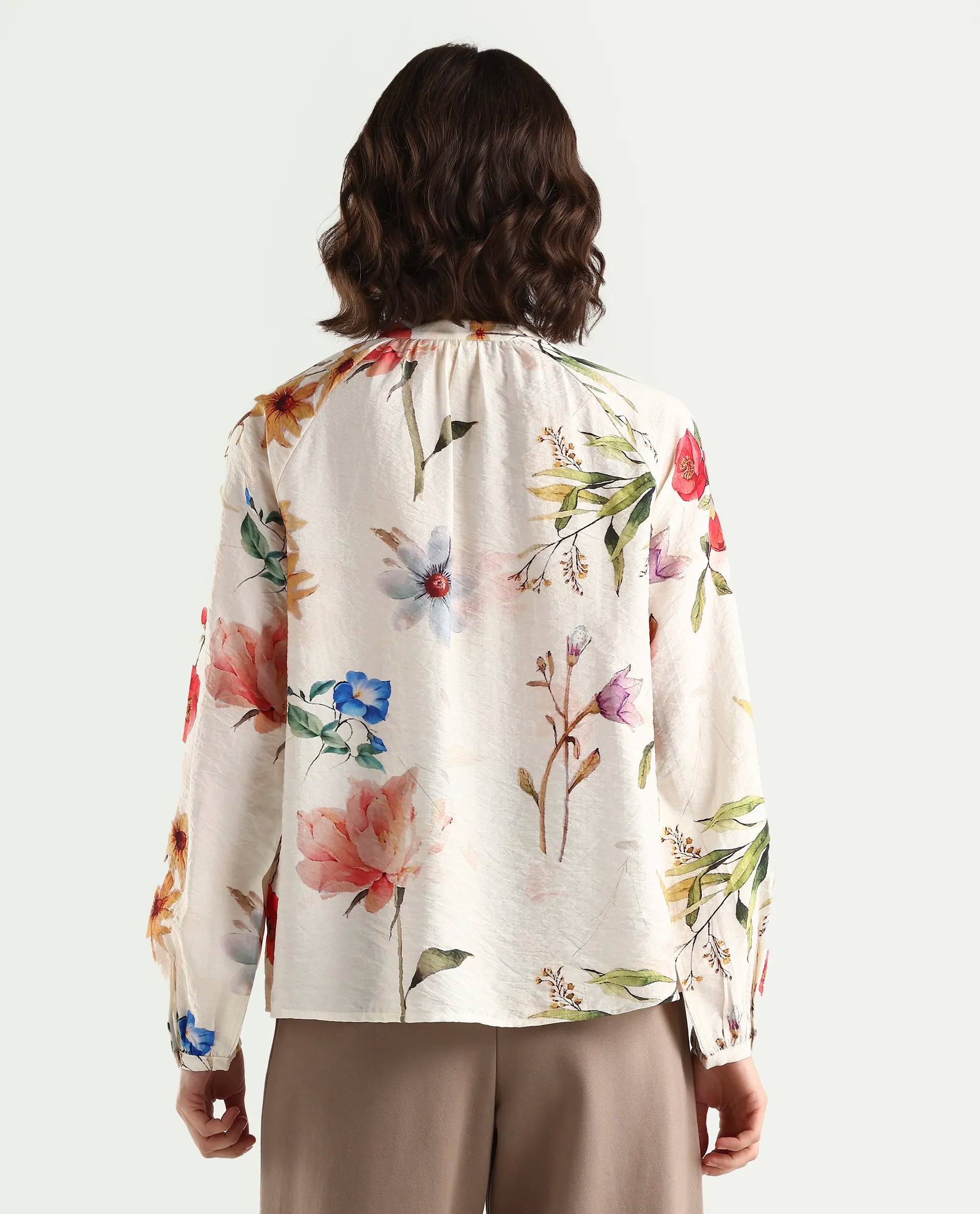 Rareism Women's Valia Off White Viscose Blend Full Sleeve Relaxed Fit Floral Print Top