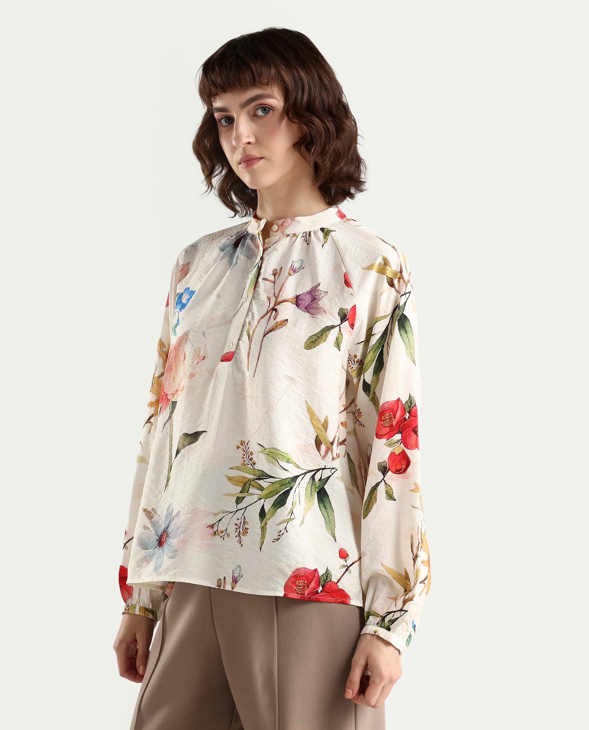 Rareism Women's Valia Off White Viscose Blend Full Sleeve Relaxed Fit Floral Print Top