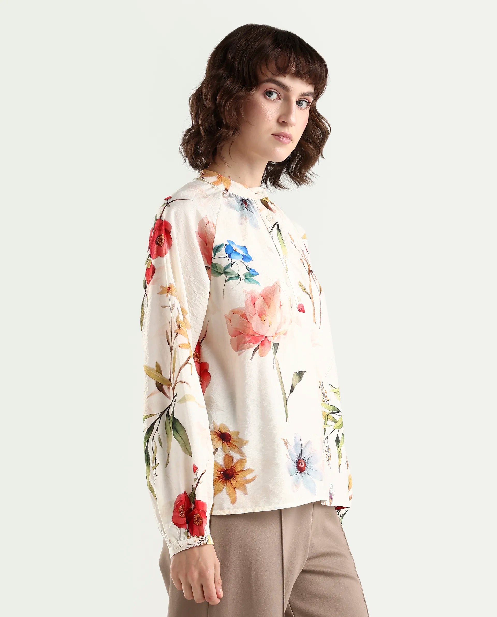 Rareism Women's Valia Off White Viscose Blend Full Sleeve Relaxed Fit Floral Print Top