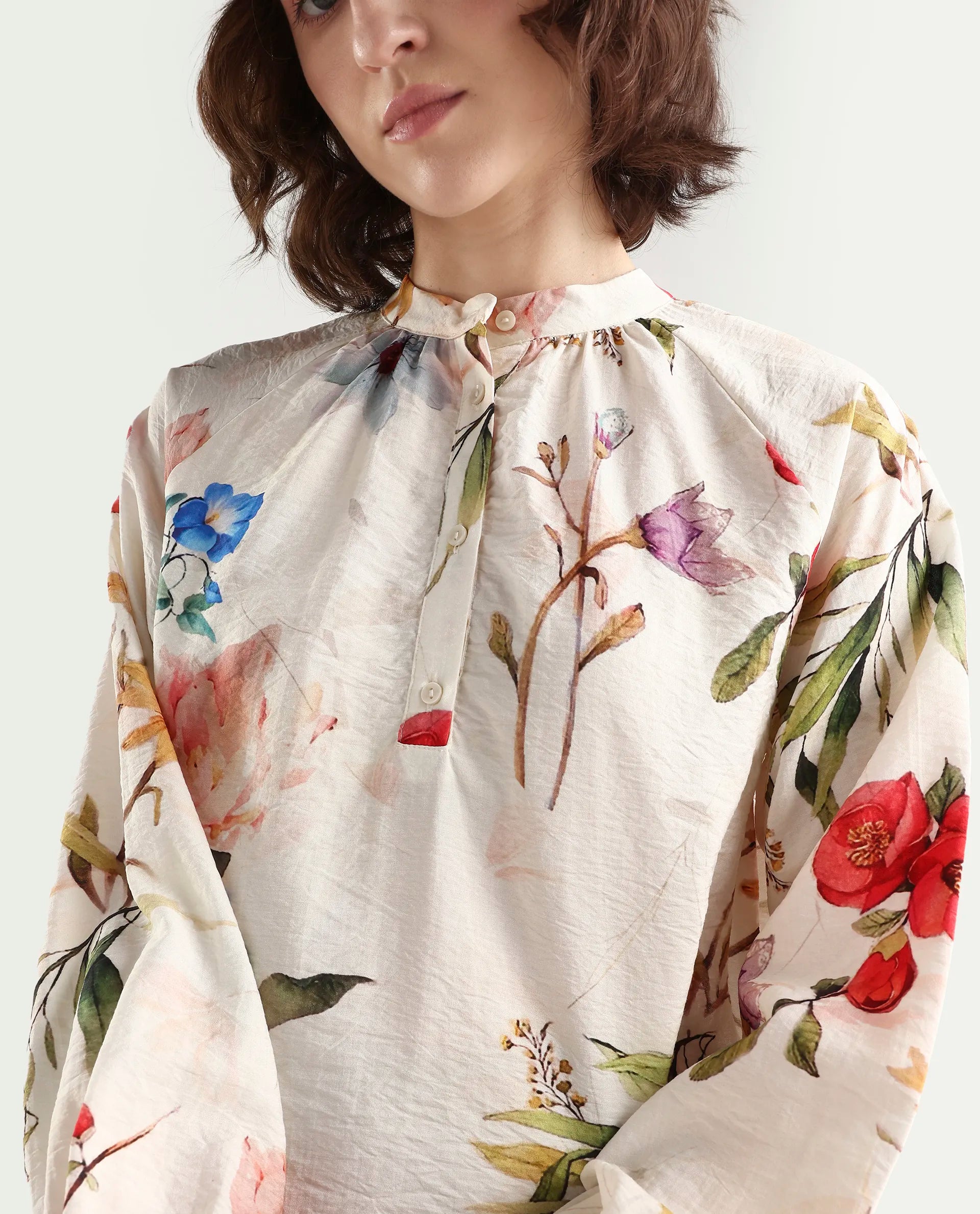 Rareism Women's Valia Off White Viscose Blend Full Sleeve Relaxed Fit Floral Print Top