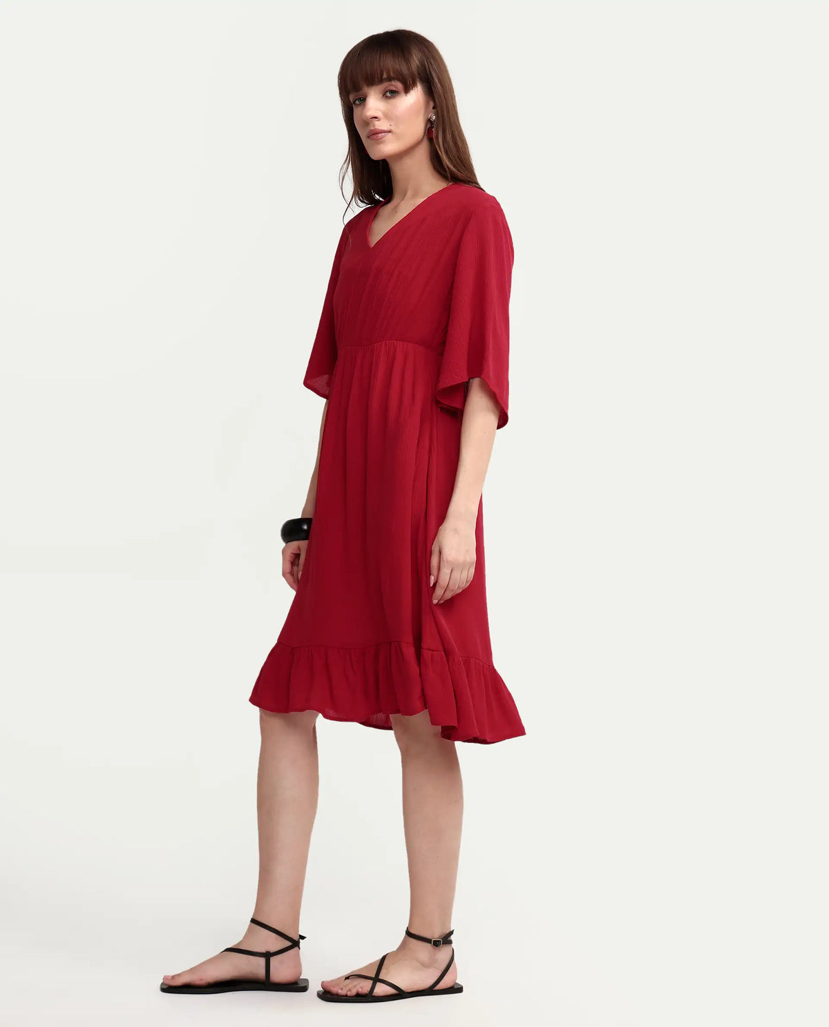 Rareism Women's Valor Red Viscose Half Sleeve Flared Plain Dress