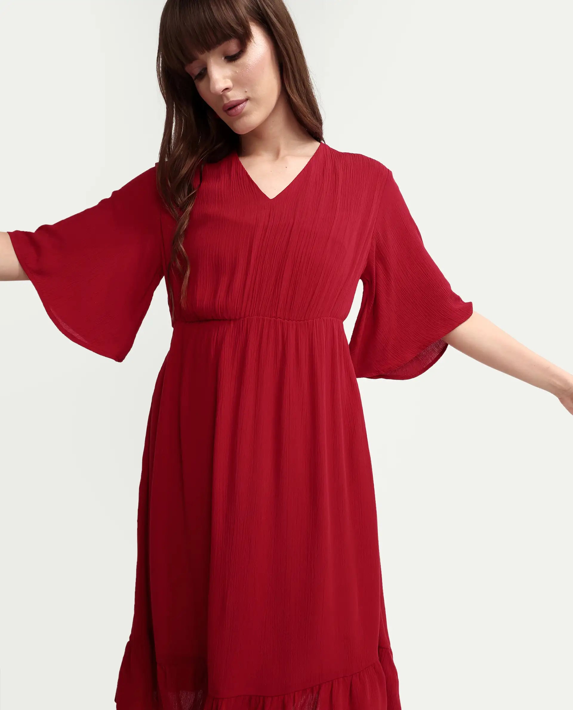 Rareism Women's Valor Red Viscose Half Sleeve Flared Plain Dress