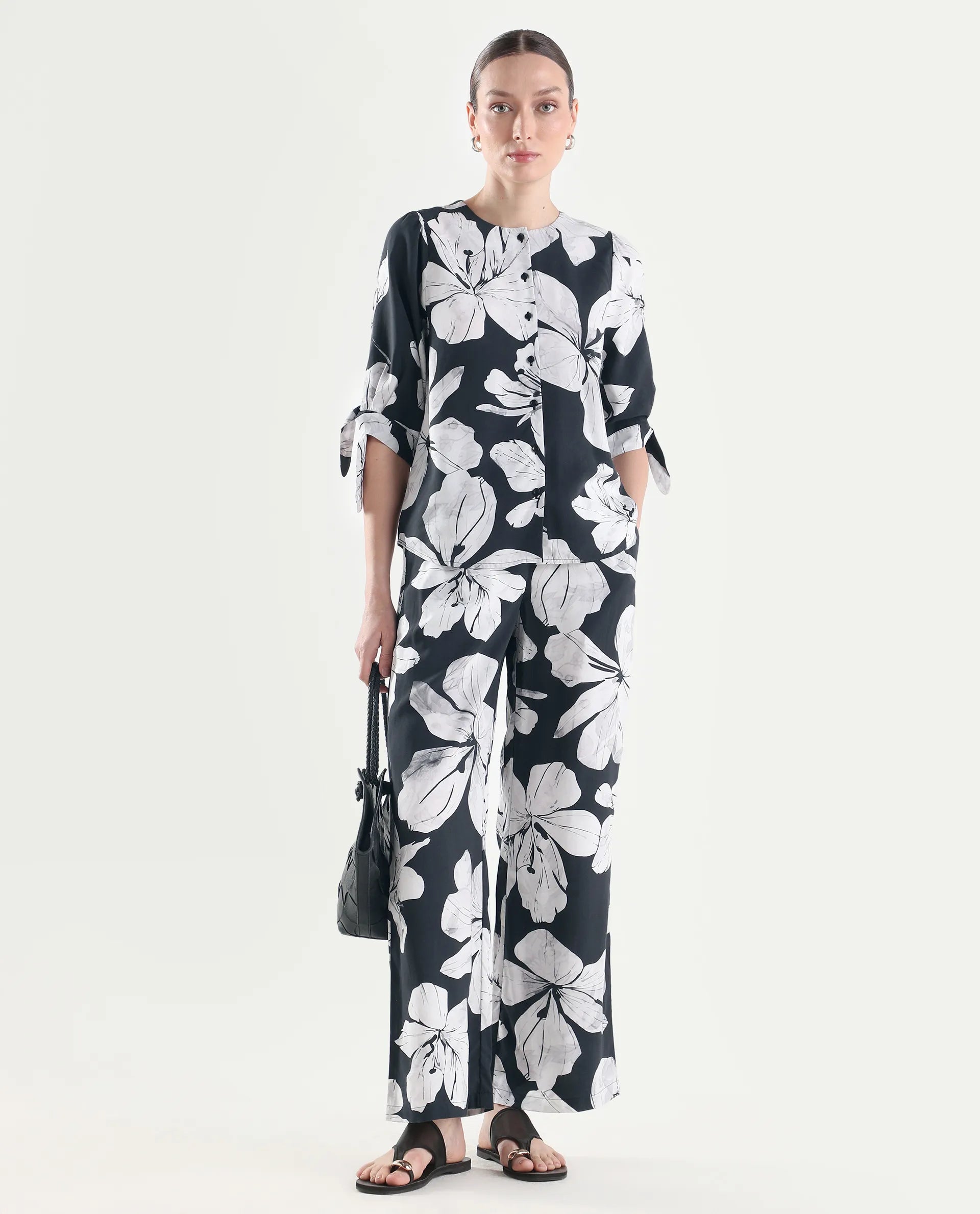 Rareism Women's Vasha-T Black Viscose Half Sleeve Relaxed Fit Floral Print Top