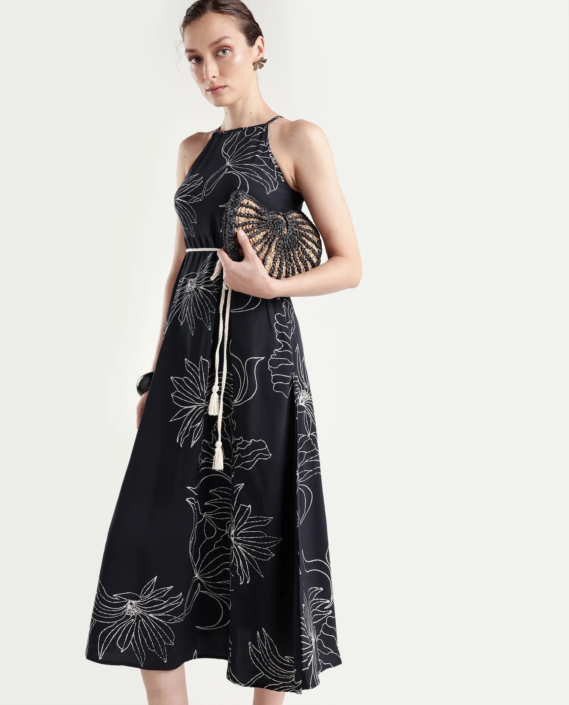 Rareism Women's Veana Black Viscose Sleeveless A-Line Floral Print Dress