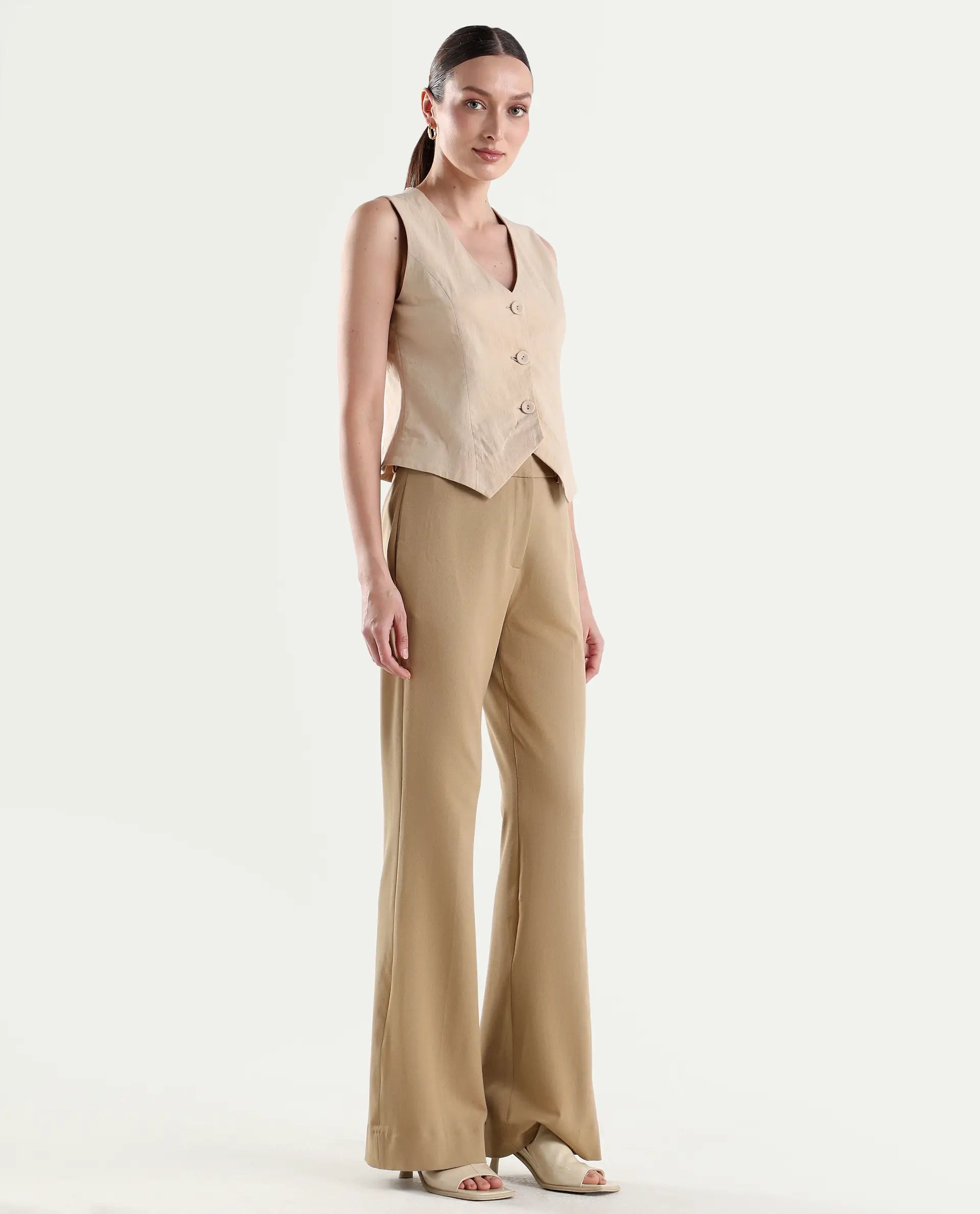 Rareism Women's Frare Khaki Viscose Bootcut Plain Trouser
