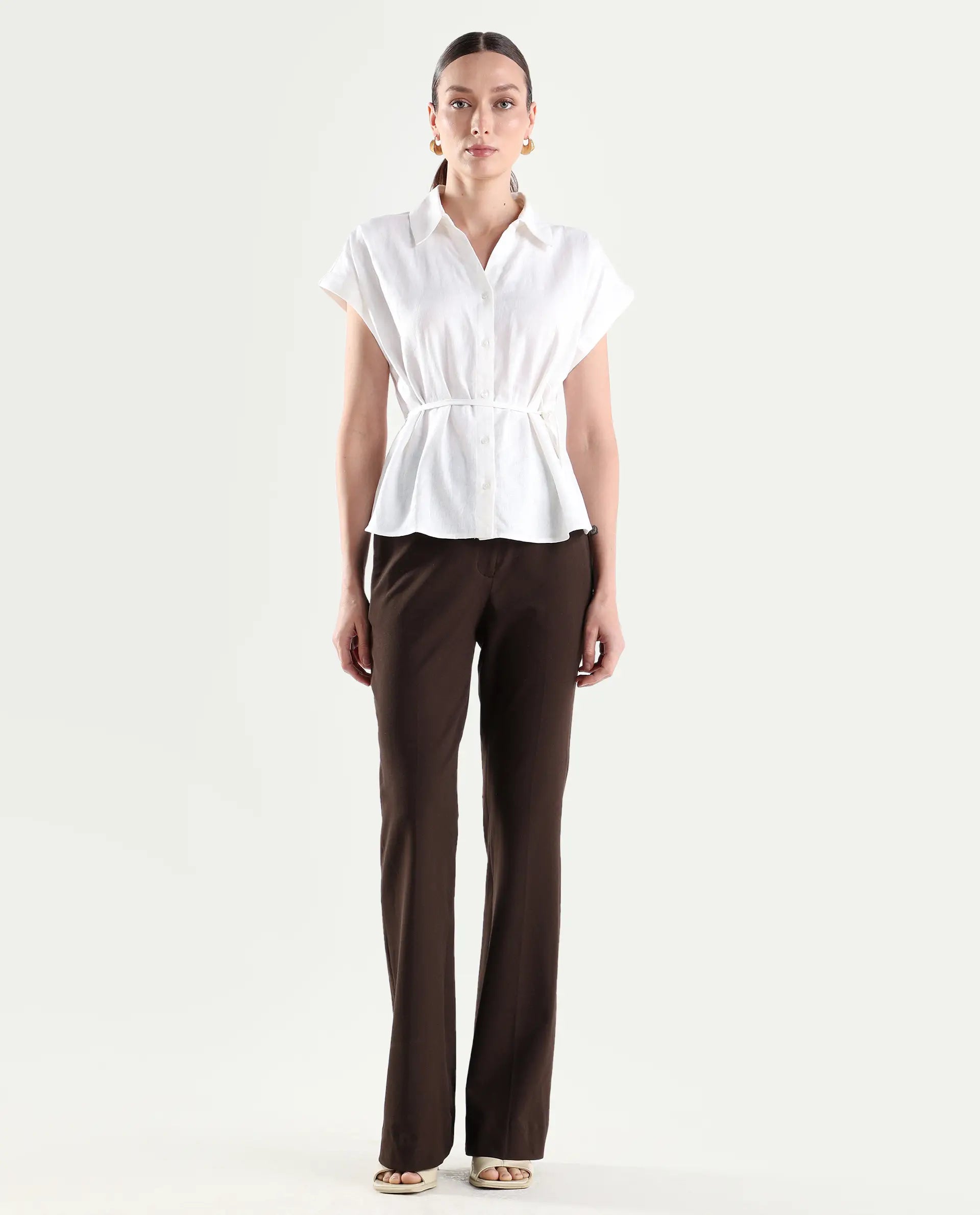 Rareism Women's Frare Brown Polyester Blend Fabric Bootcut Plain Trouser