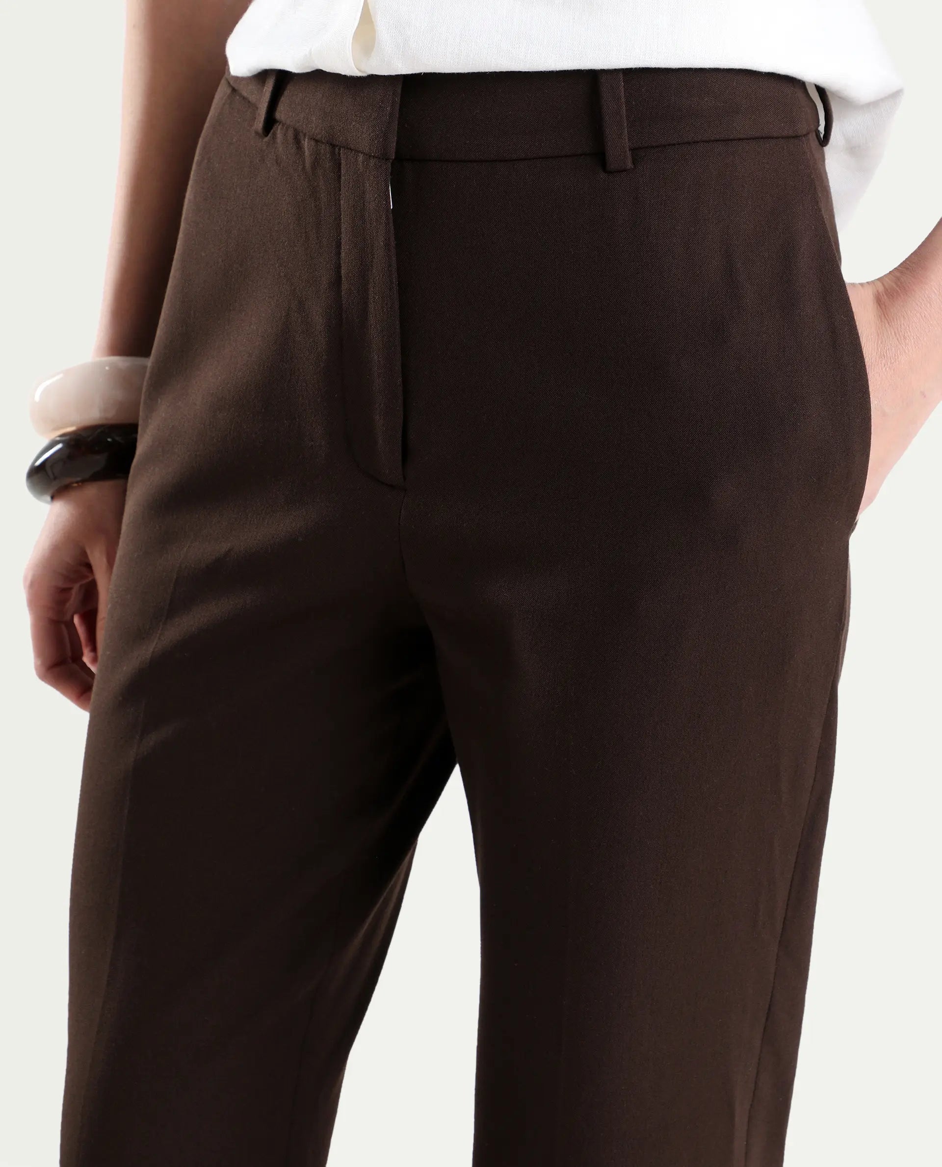 Rareism Women's Frare Brown Polyester Blend Fabric Bootcut Plain Trouser