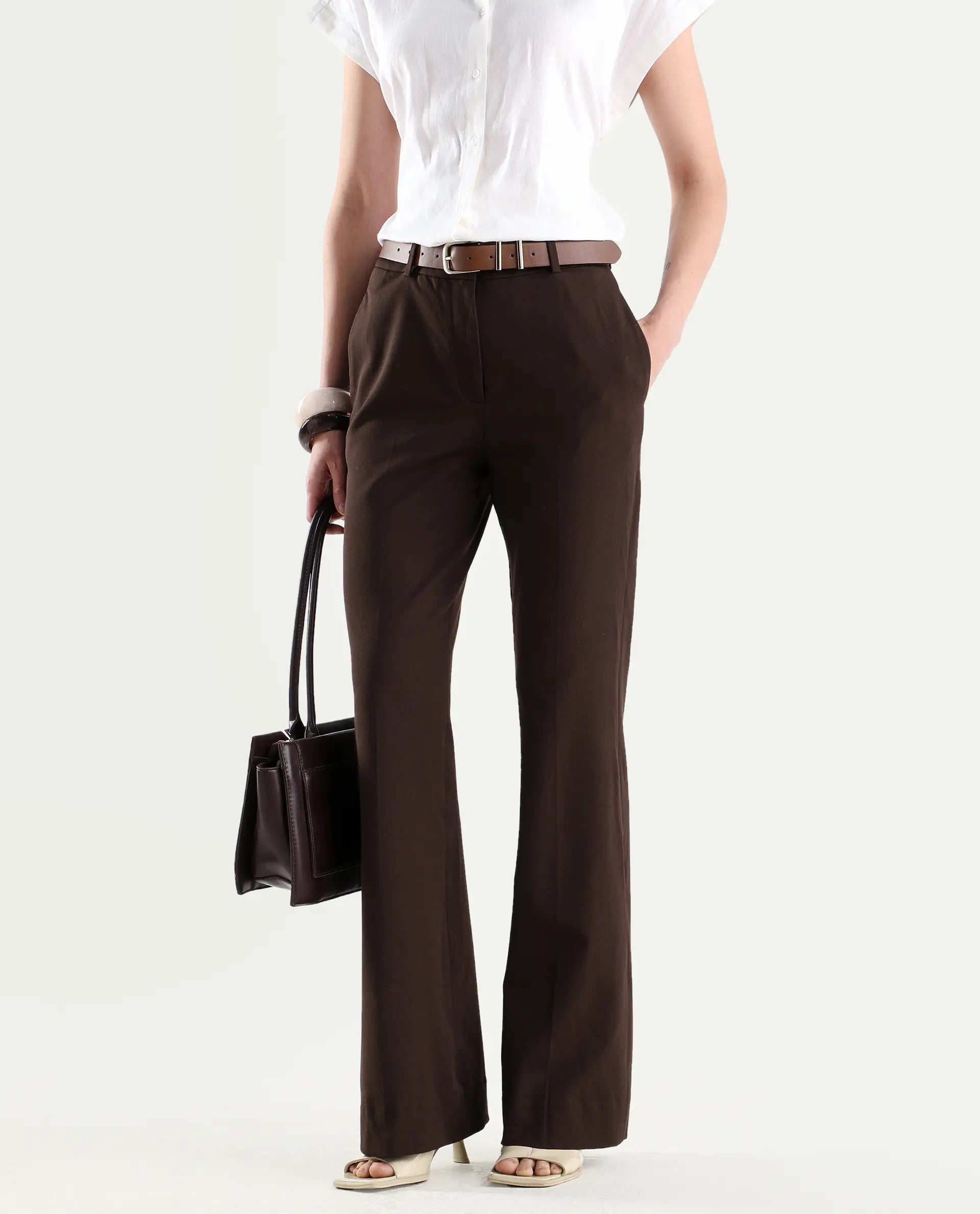 Rareism Women's Frare Brown Polyester Blend Fabric Bootcut Plain Trouser