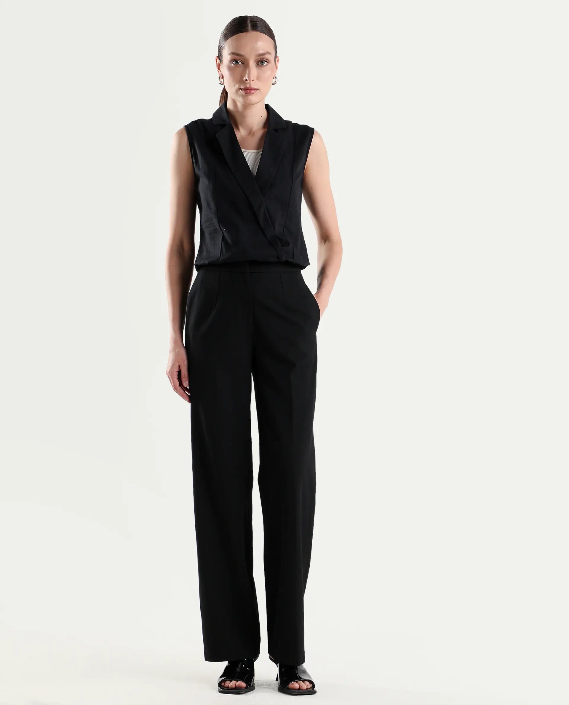 Rareism Women's Srait-1 Black Viscose Fabric Straight Plain Trouser
