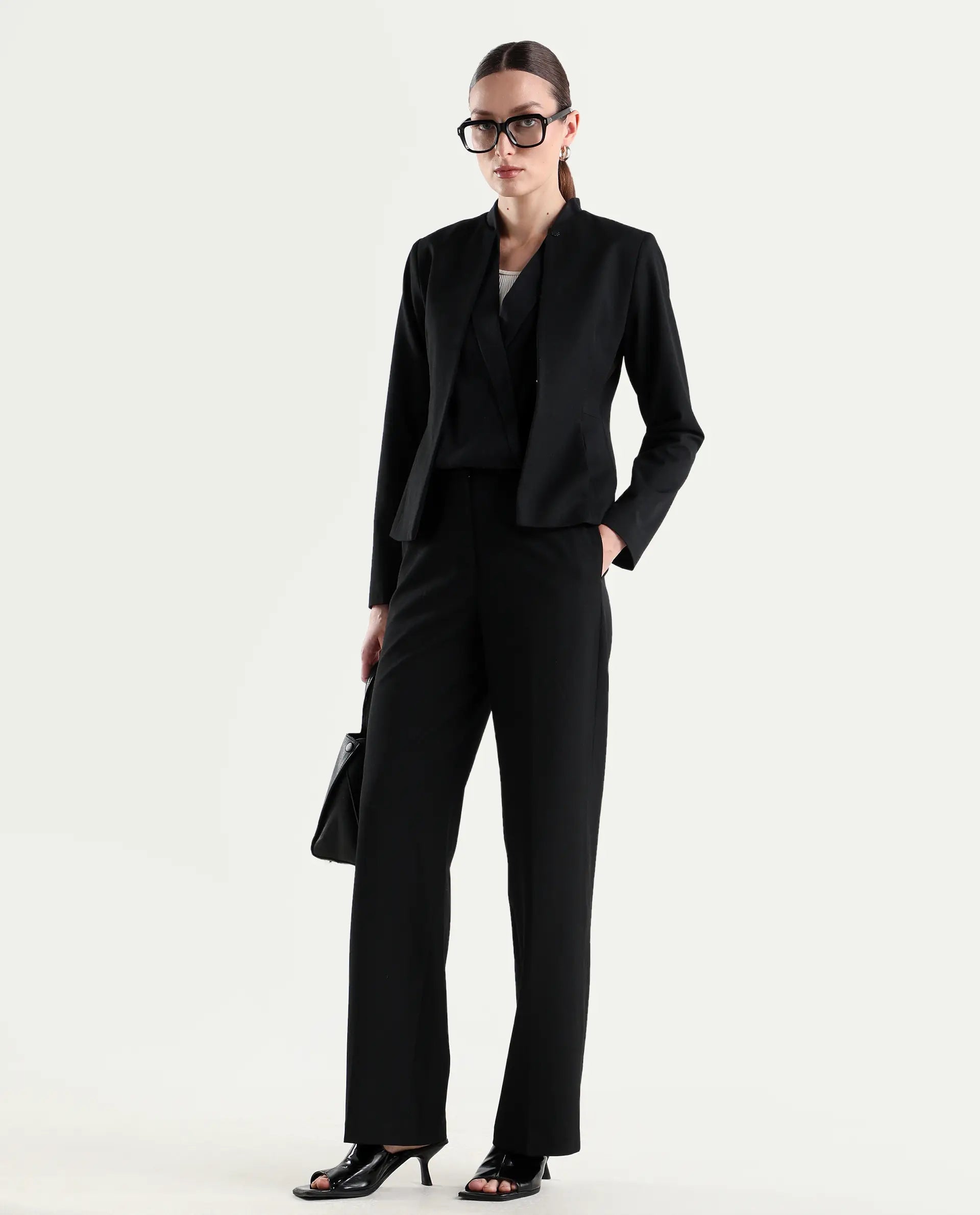 Rareism Women's Srait-1 Black Viscose Fabric Straight Plain Trouser