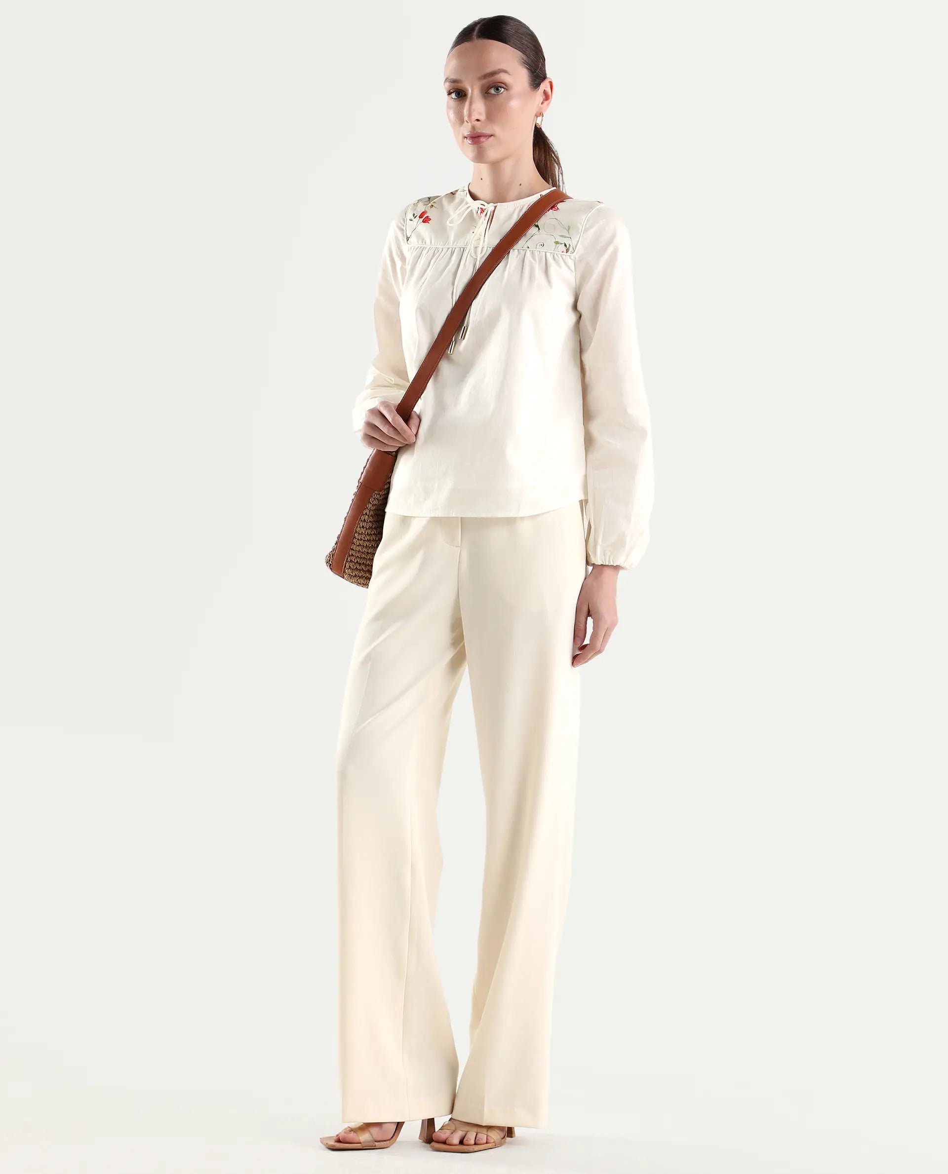 Rareism Women's Srait-1 Off White Viscose Fabric Straight Plain Trouser