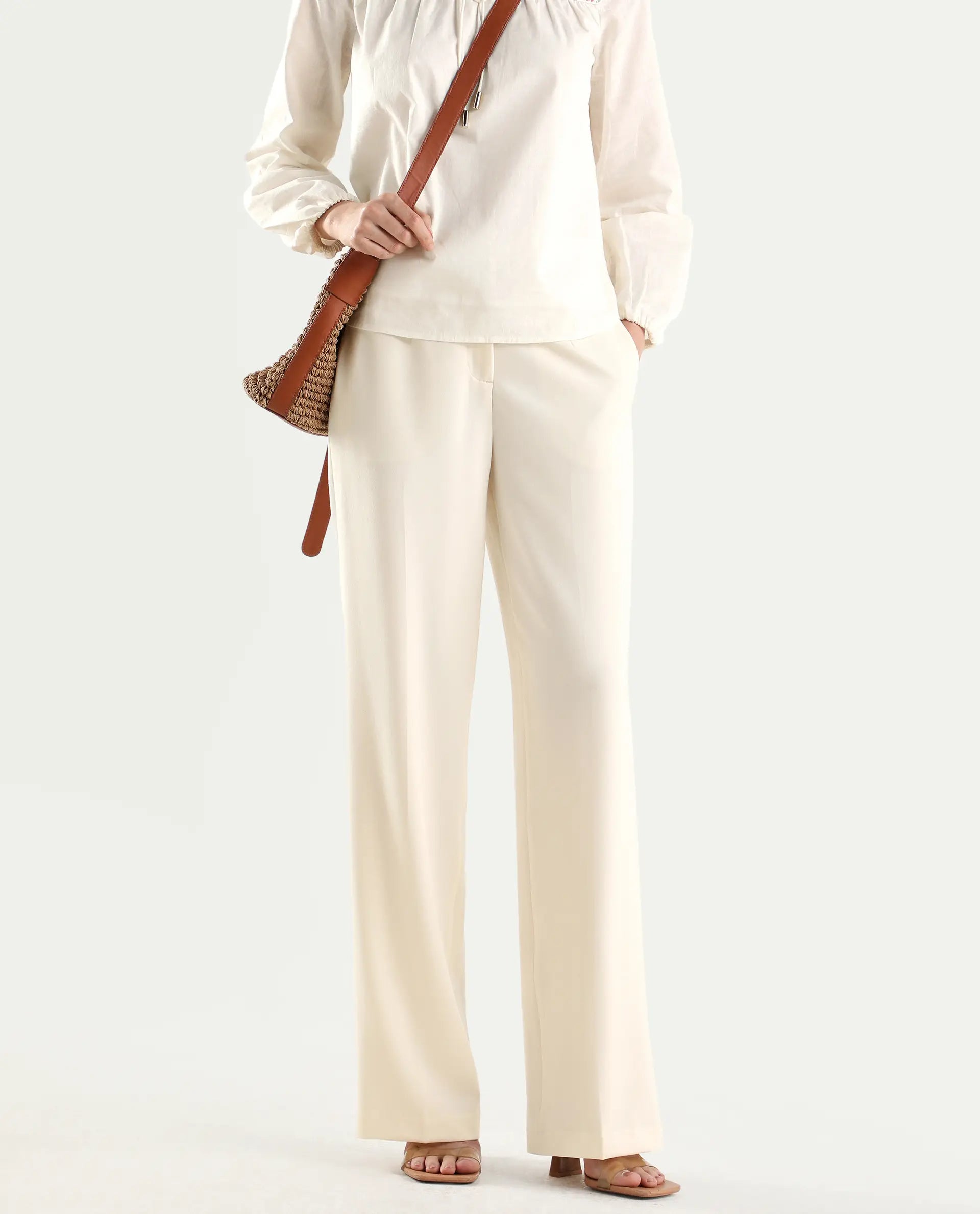 Rareism Women's Srait-1 Off White Viscose Fabric Straight Plain Trouser