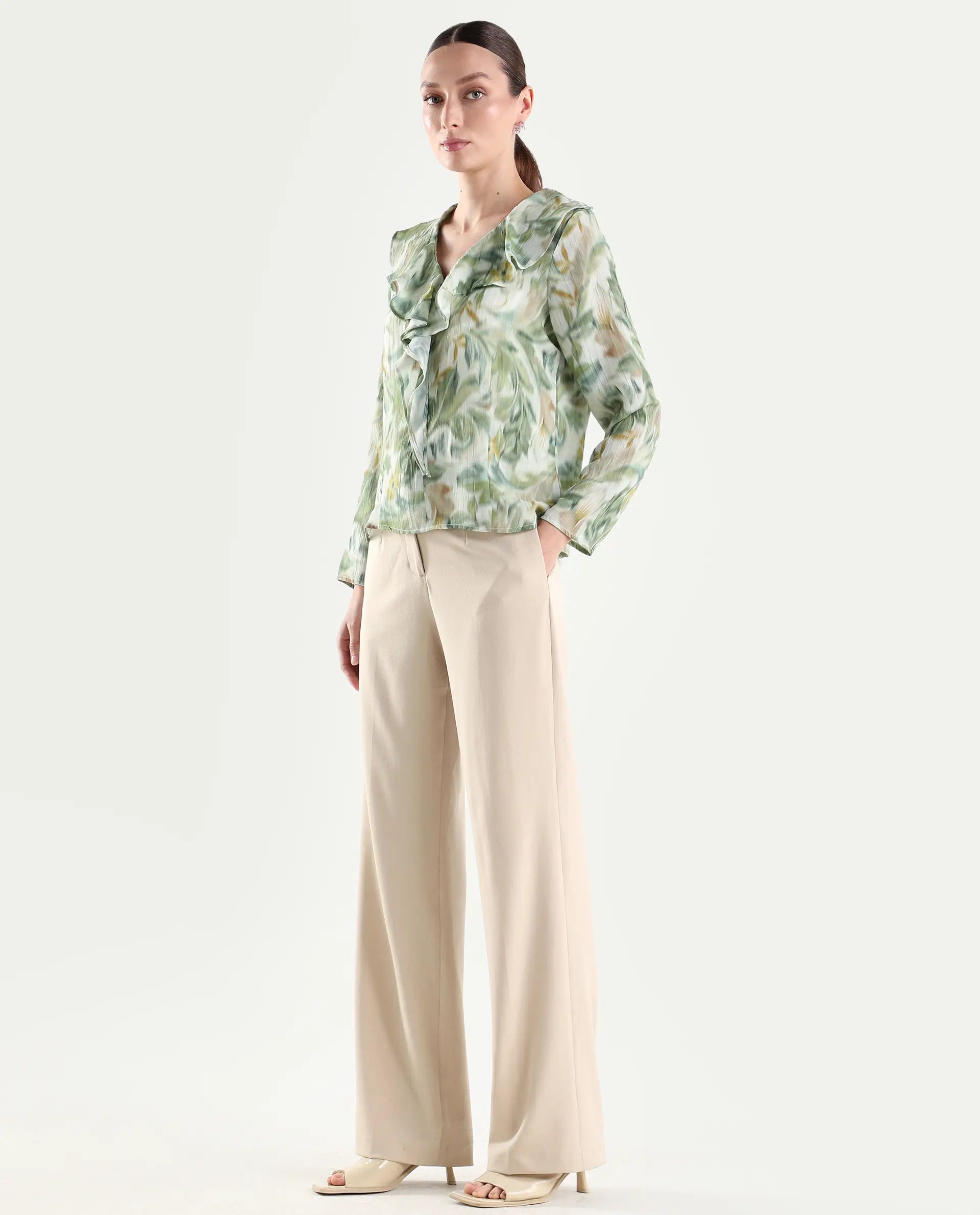 Rareism Women's Srait-1 Beige Polyester Blend Fabric Straight Plain Trouser