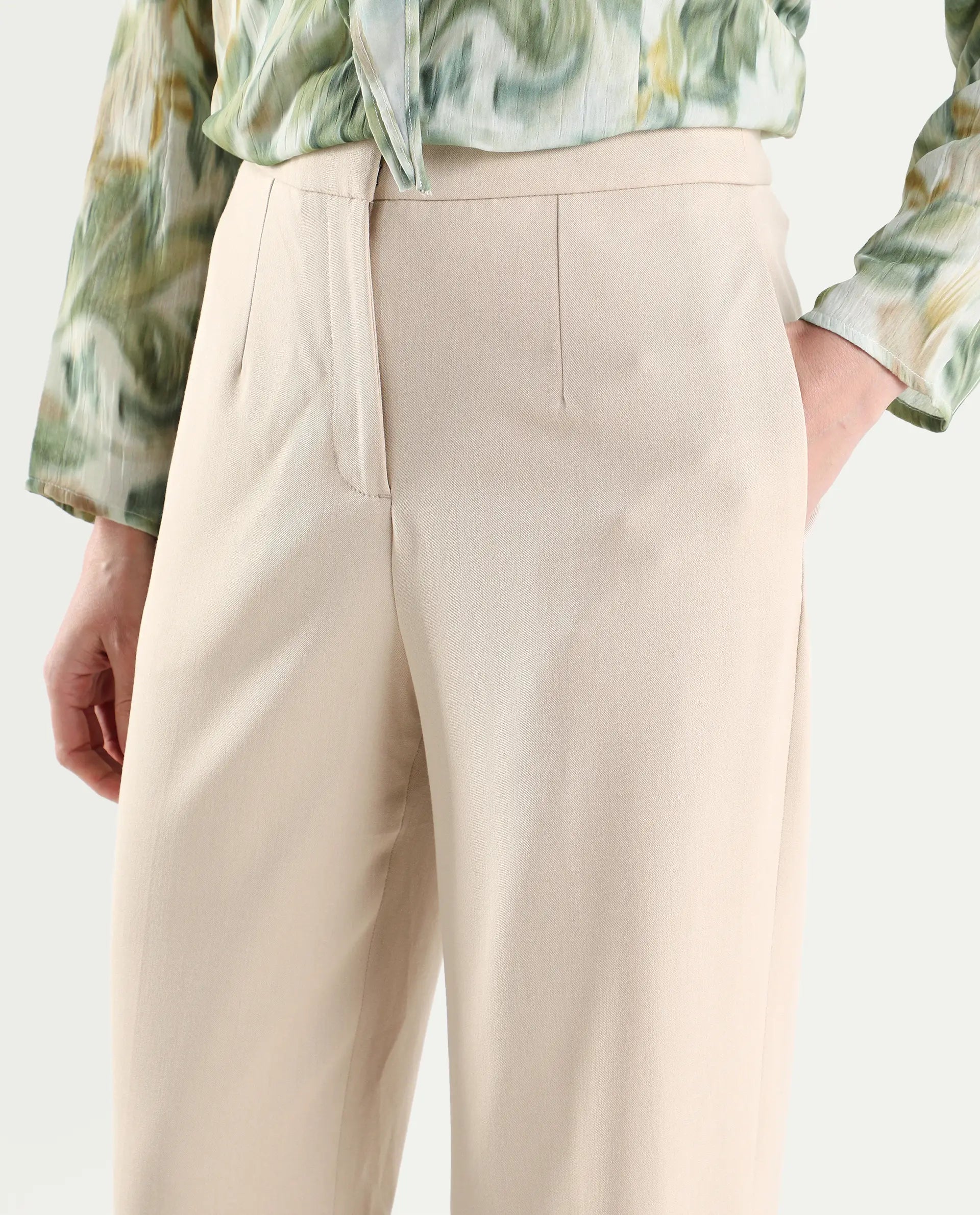 Rareism Women's Srait-1 Beige Viscose Fabric Straight Plain Trouser