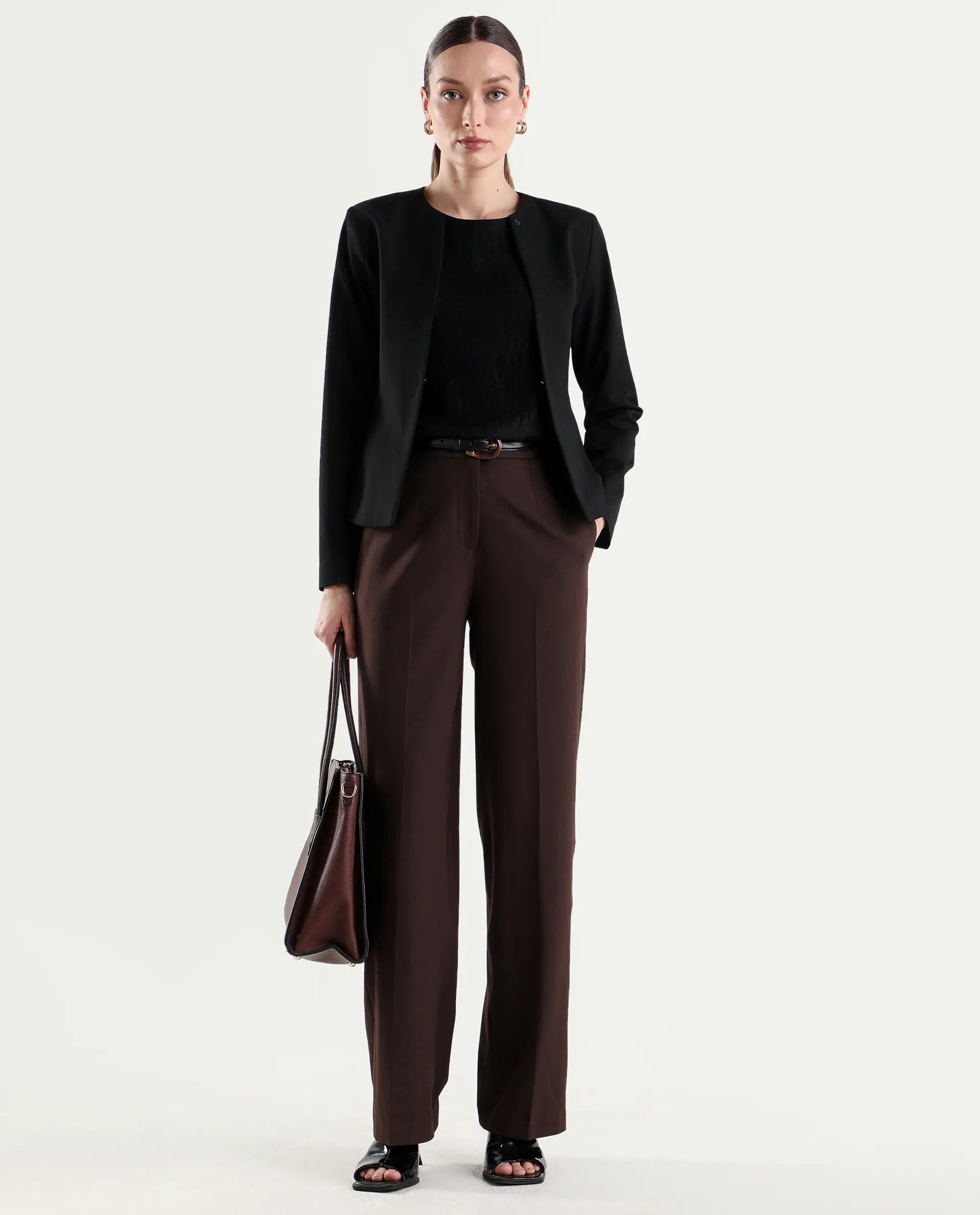 Rareism Women's Srait-1 Brown Polyester Blend Fabric Straight Plain Trouser