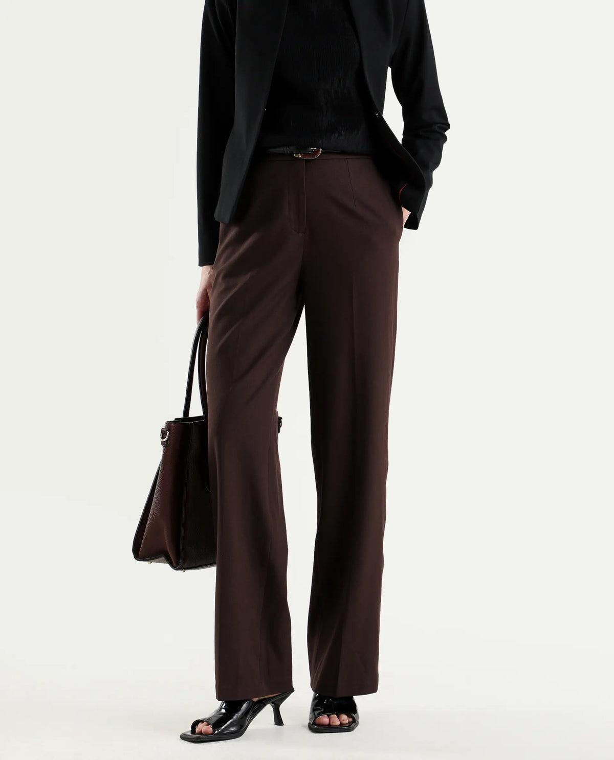 Rareism Women's Srait-1 Brown Polyester Blend Fabric Straight Plain Trouser