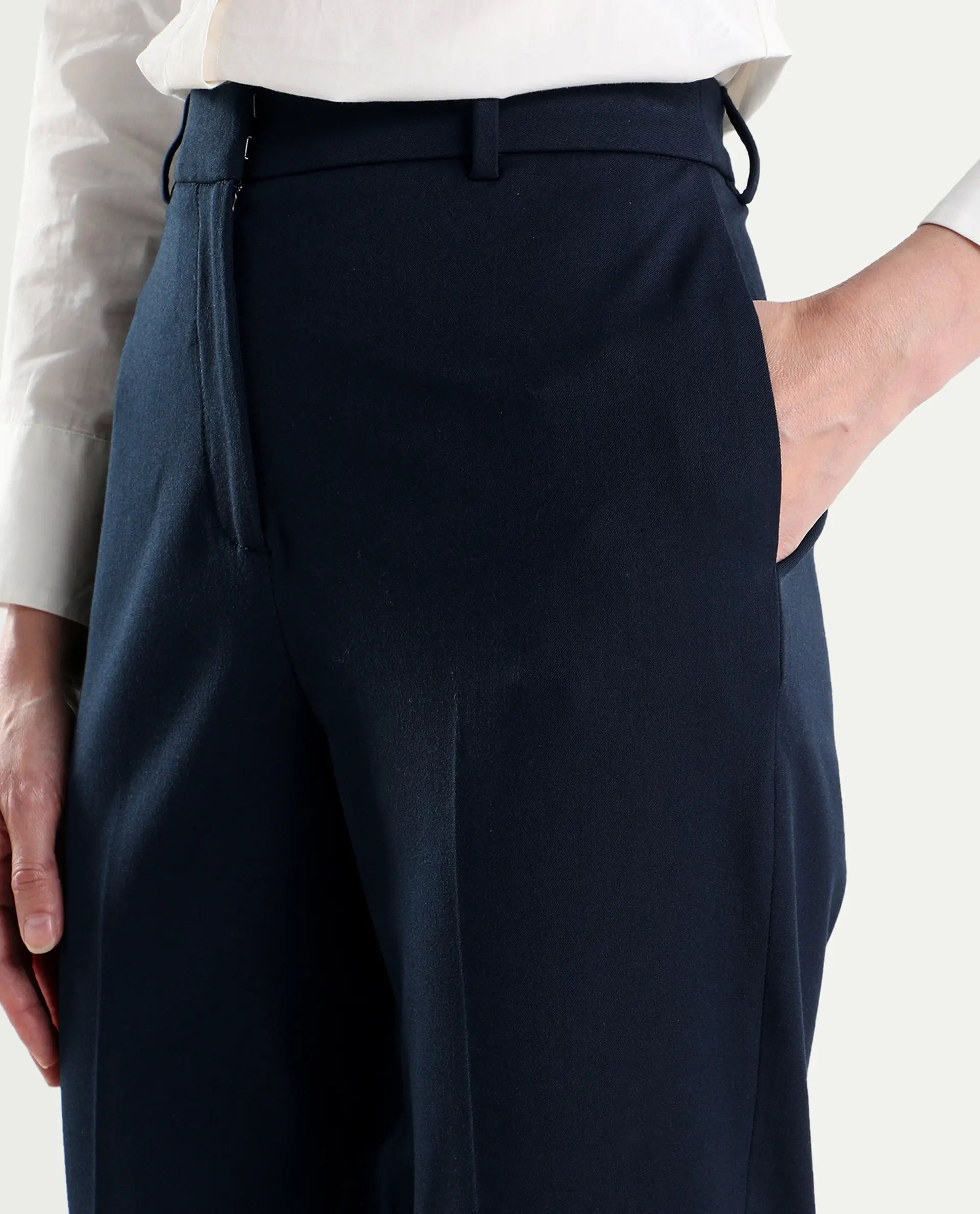 Rareism Women's Paper Navy Viscose Lycra Fabric Tapered Plain Trouser