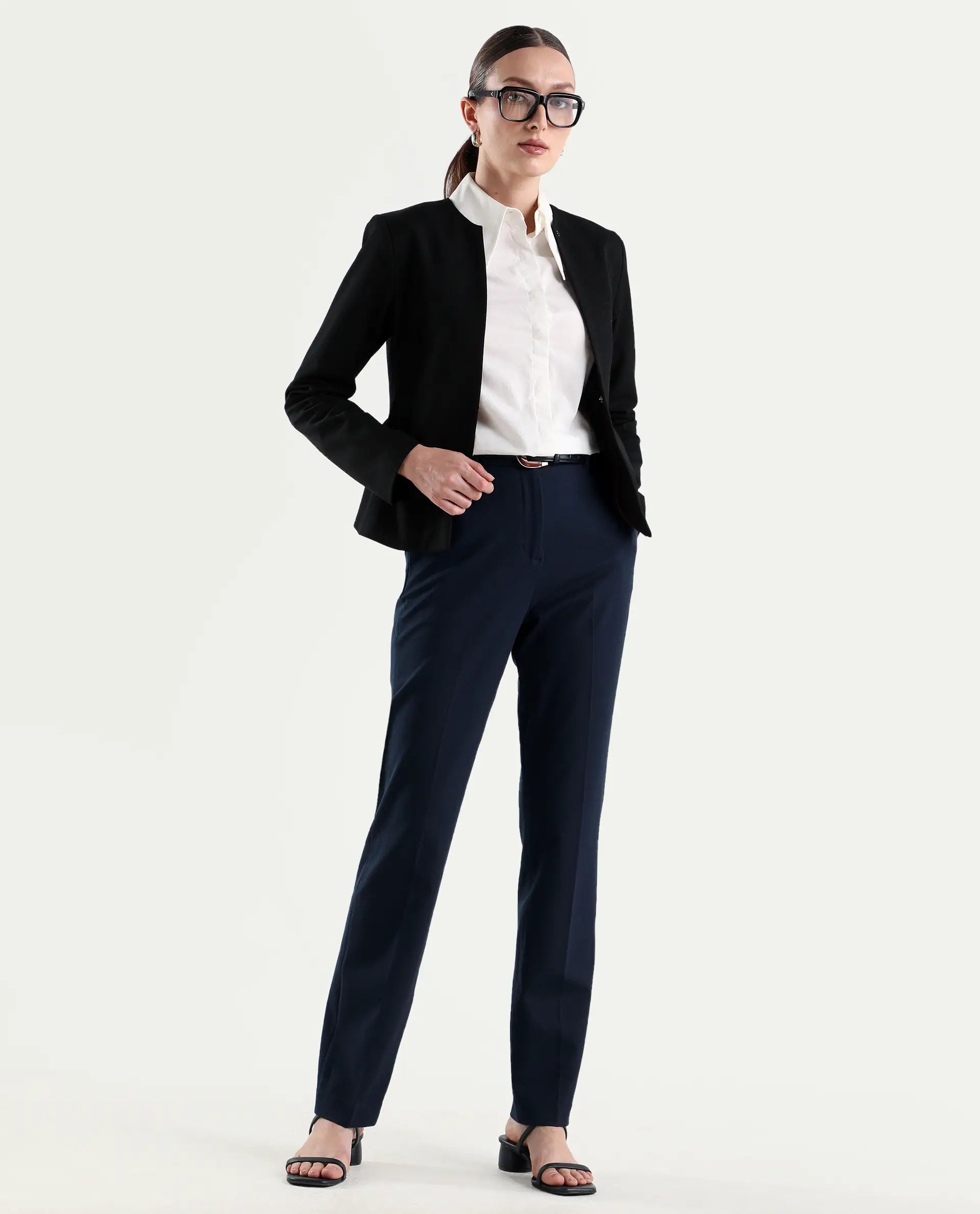 Rareism Women's Paper Navy Viscose Lycra Fabric Tapered Plain Trouser
