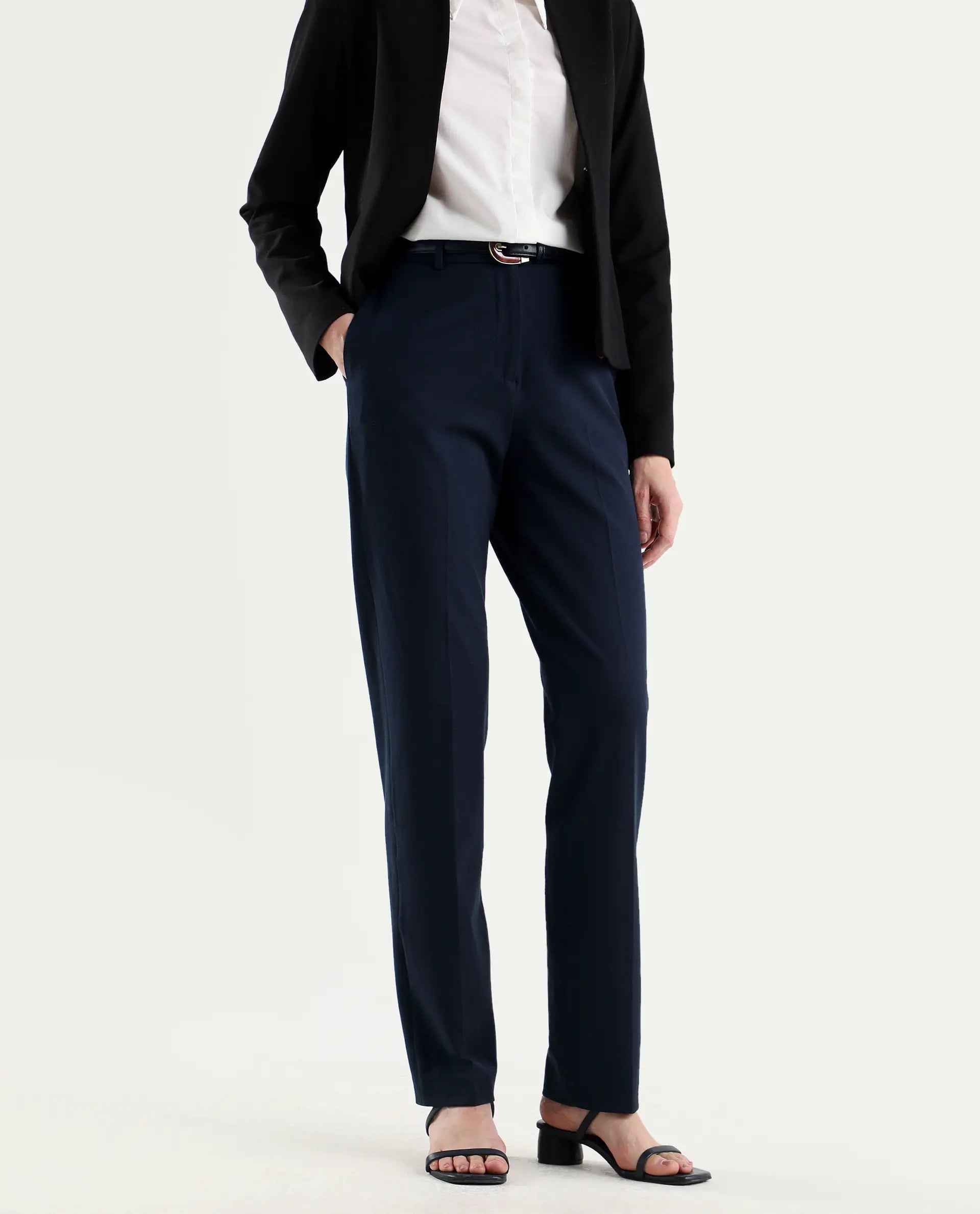 Rareism Women's Paper Navy Viscose Lycra Fabric Tapered Plain Trouser