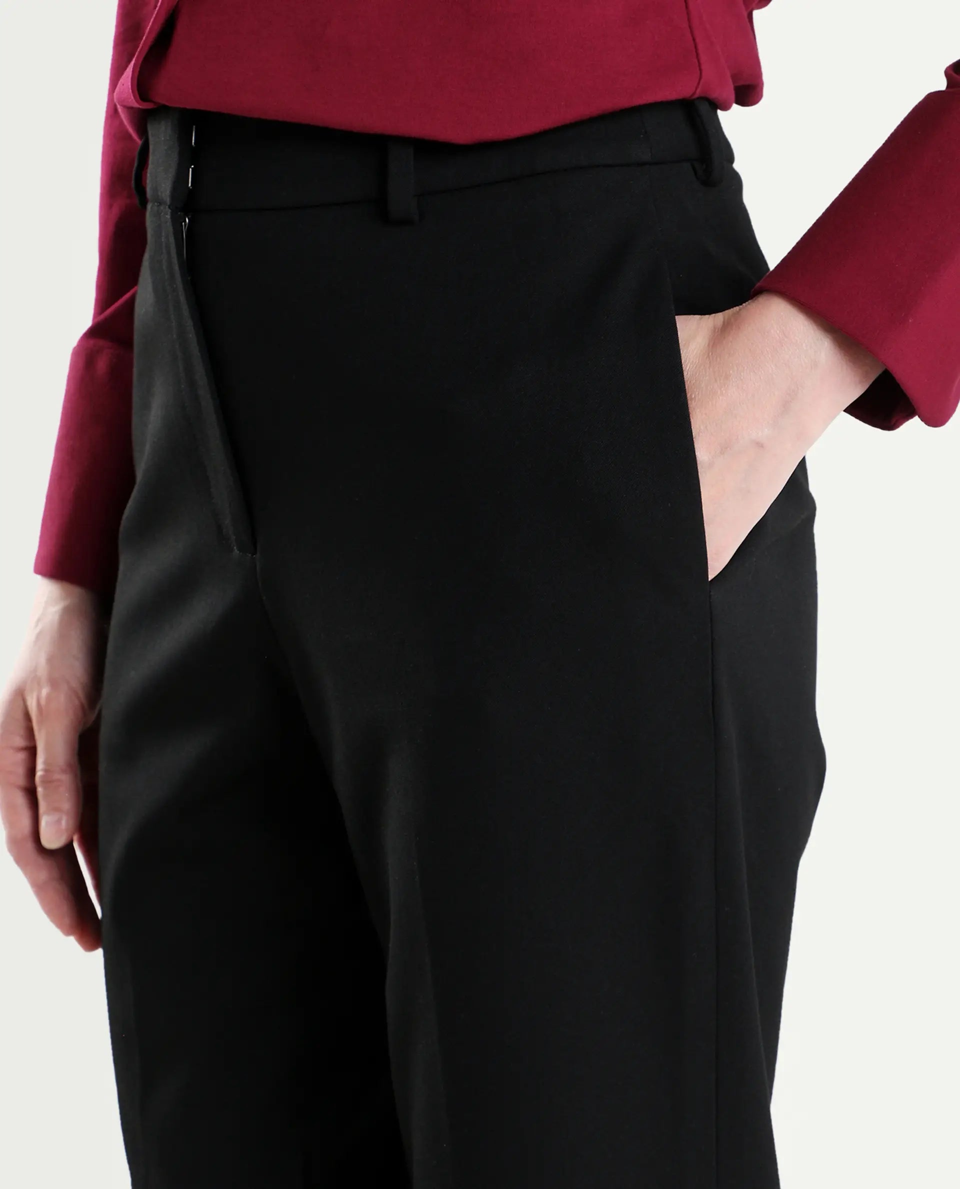 Rareism Women's Paper Black Viscose Lycra Tapered Plain Trouser