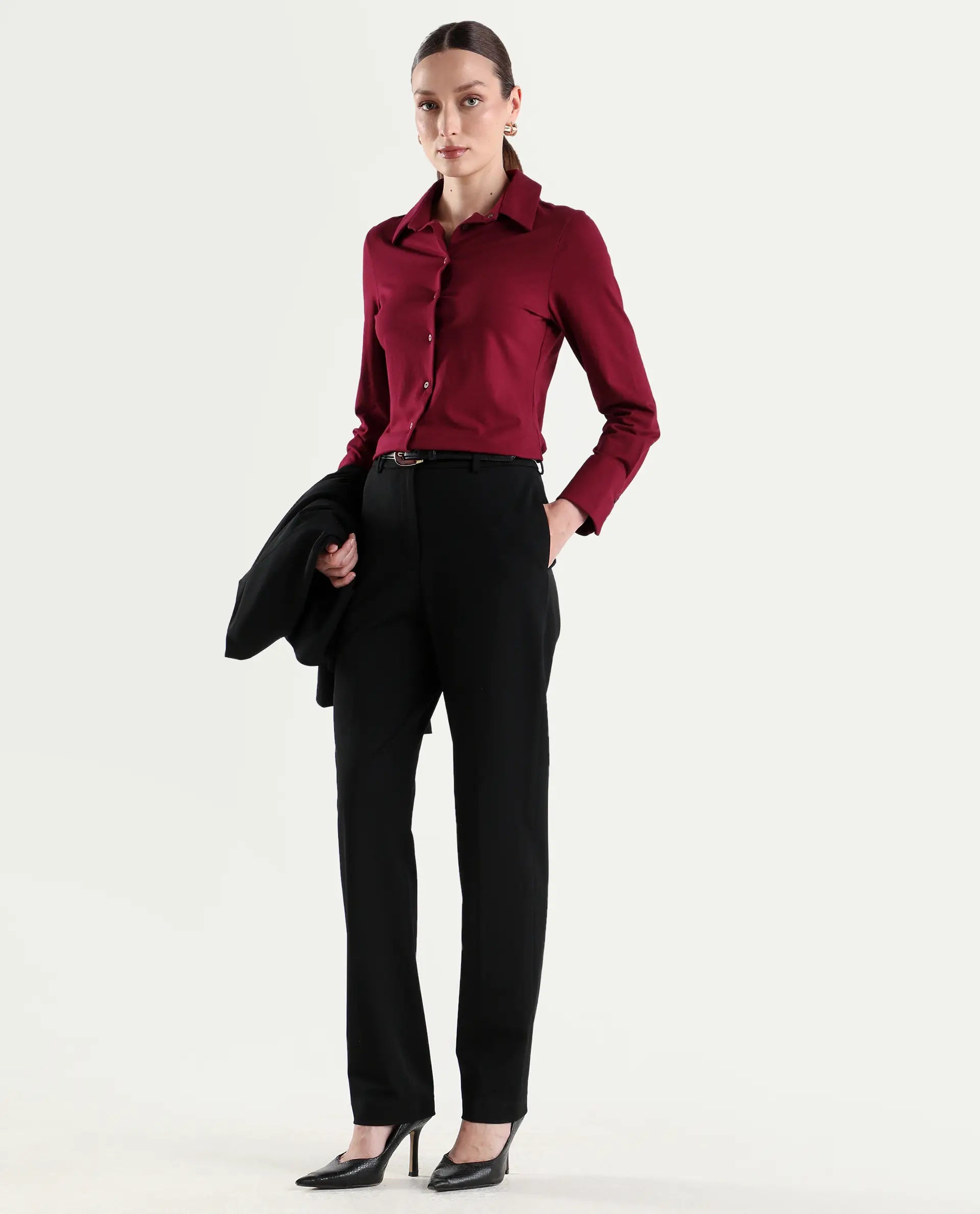 Rareism Women's Paper Black Viscose Lycra Tapered Plain Trouser