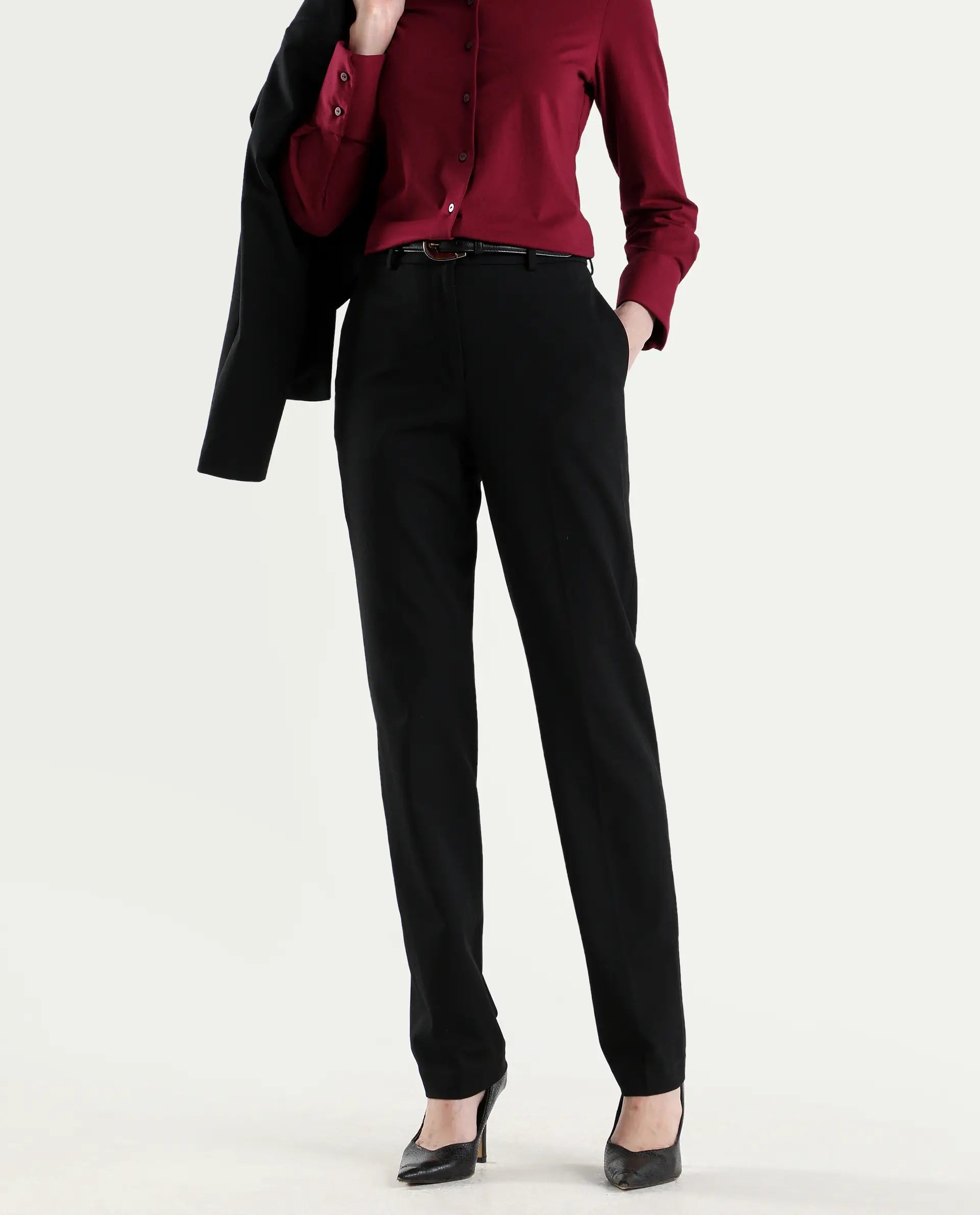 Rareism Women's Paper Black Viscose Lycra Tapered Plain Trouser