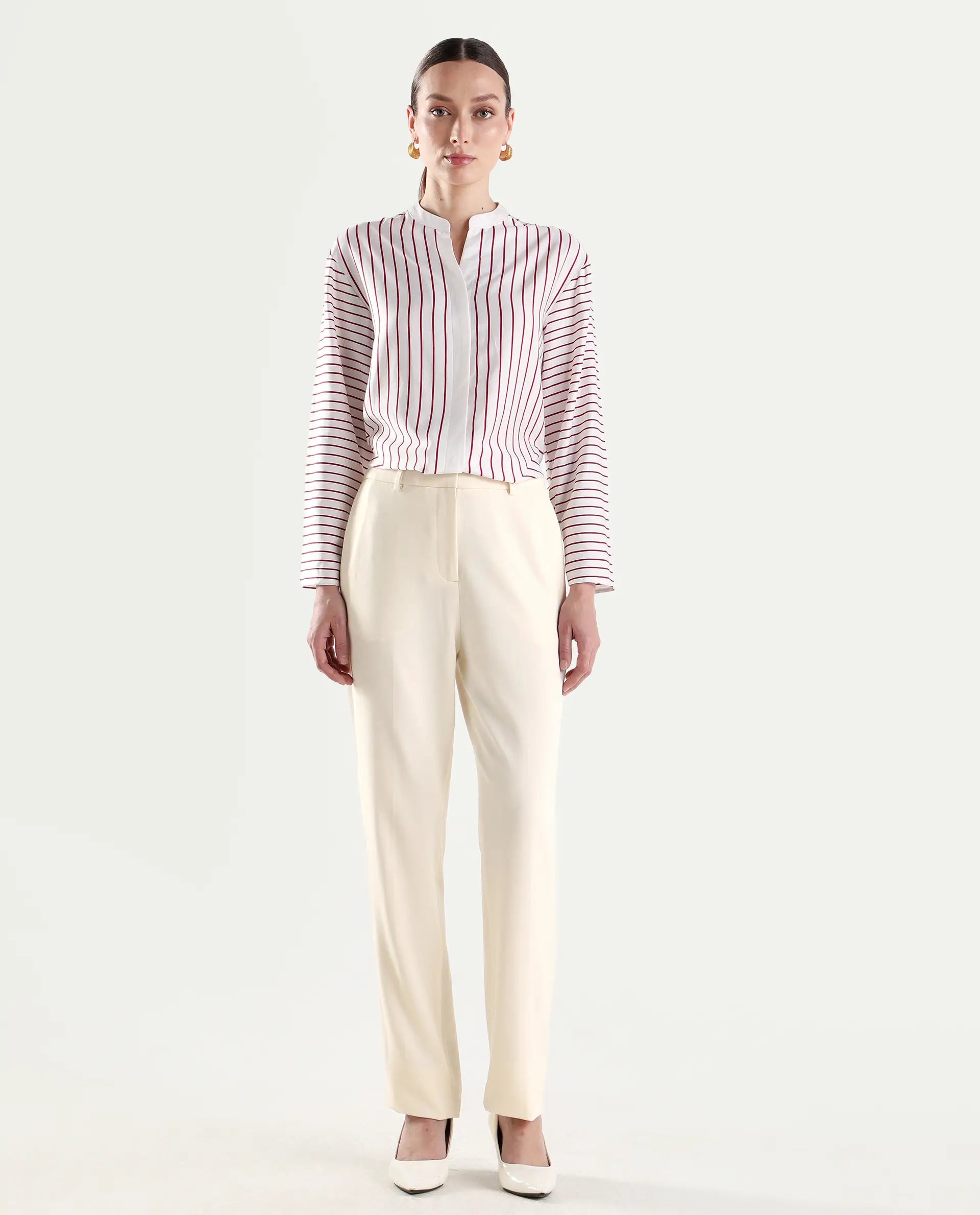 Rareism Women's Paper Off White Viscose Lycra Tapered Plain Trouser