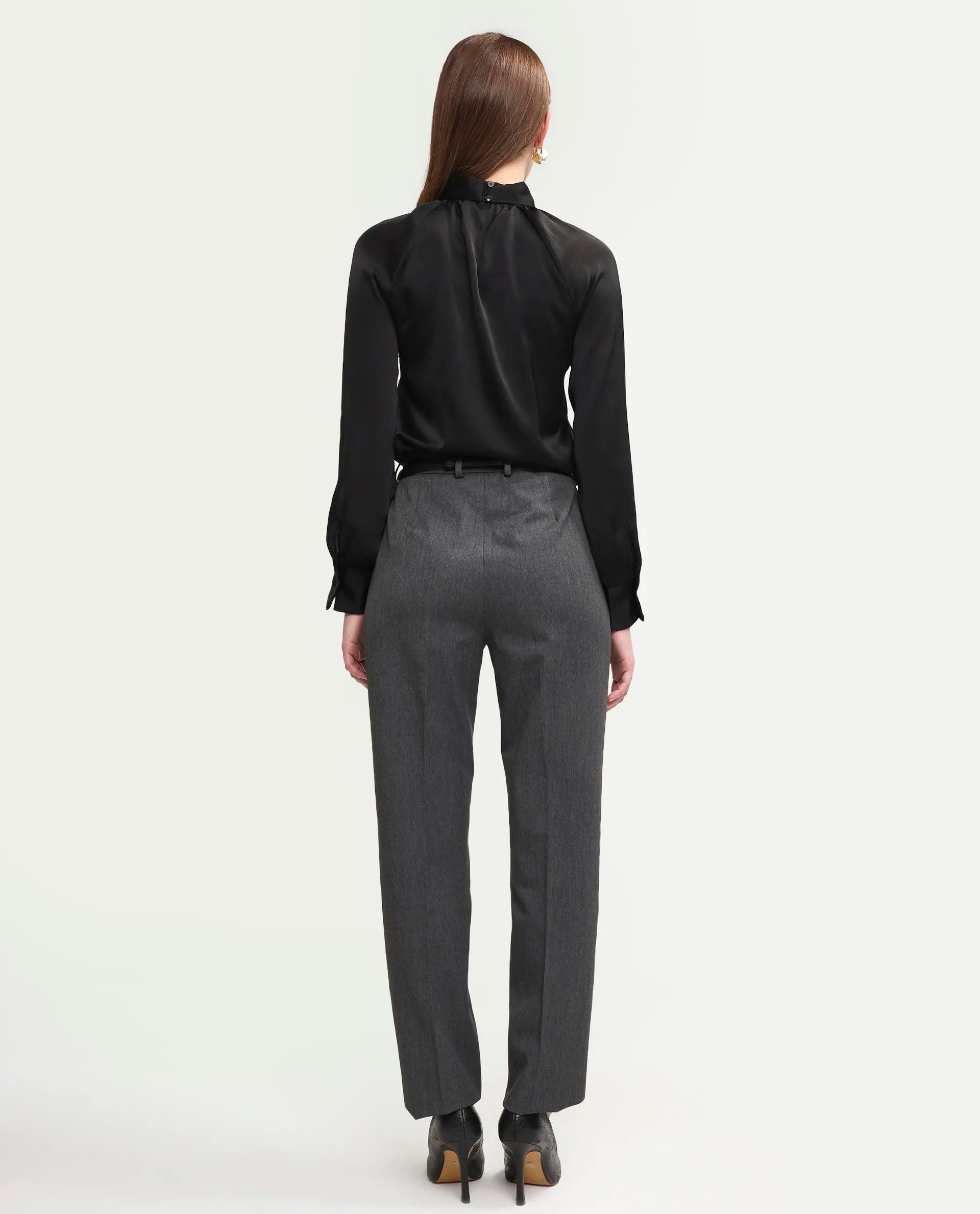 Rareism Women's Paper Grey Polyester Blend Fabric Tapered Plain Trouser