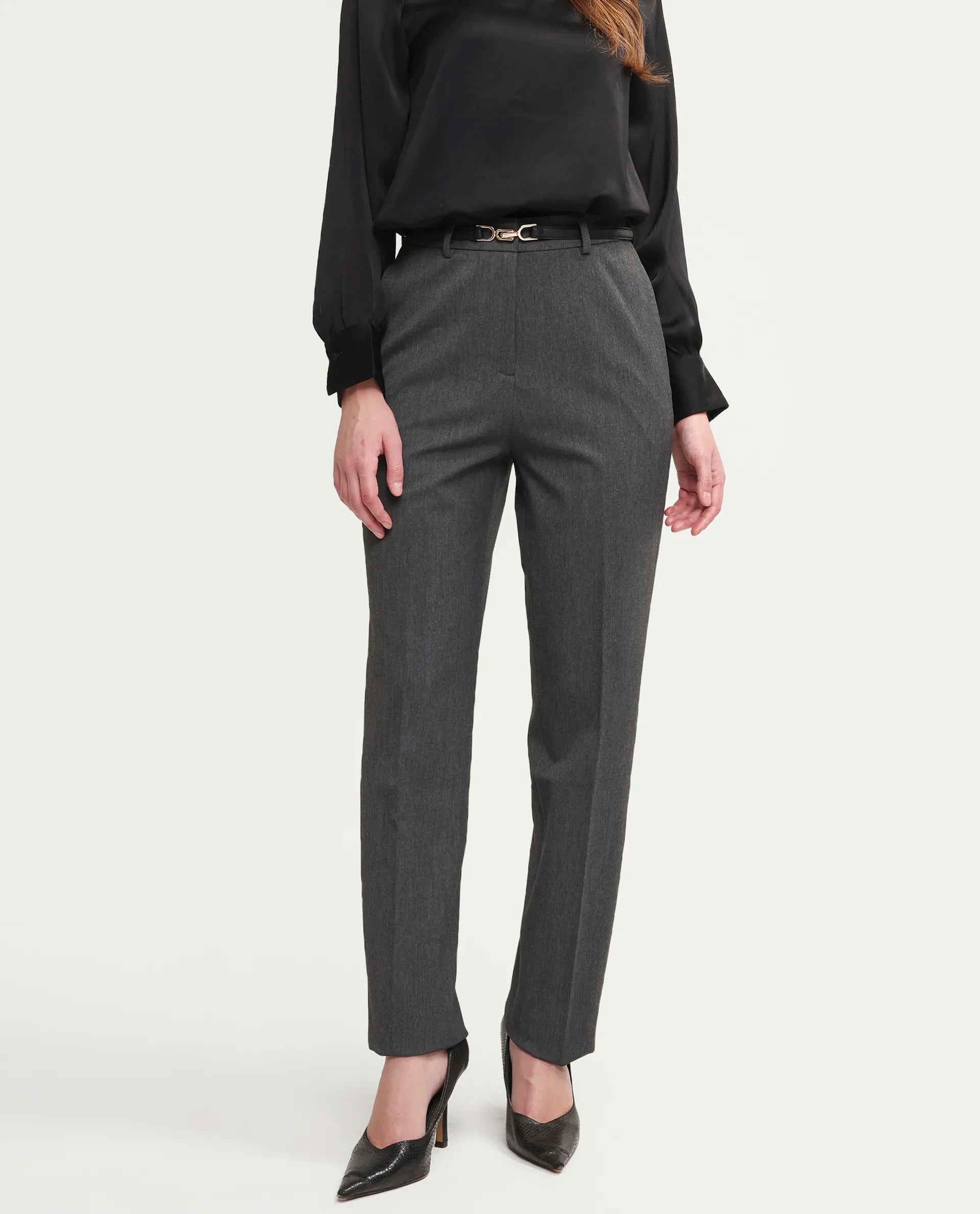 Rareism Women's Paper Grey Polyester Blend Fabric Tapered Plain Trouser