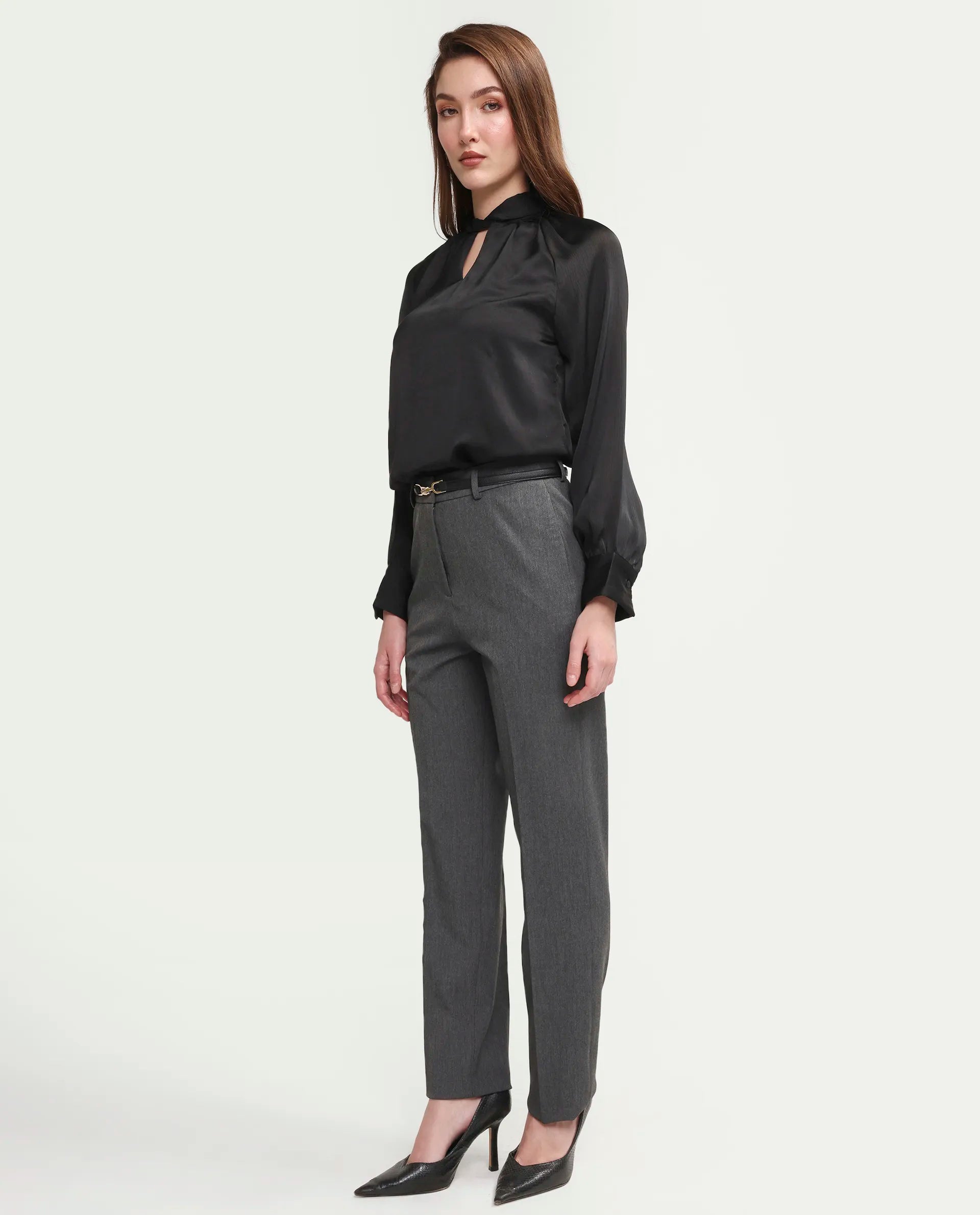 Rareism Women's Paper Grey Polyester Blend Fabric Tapered Plain Trouser