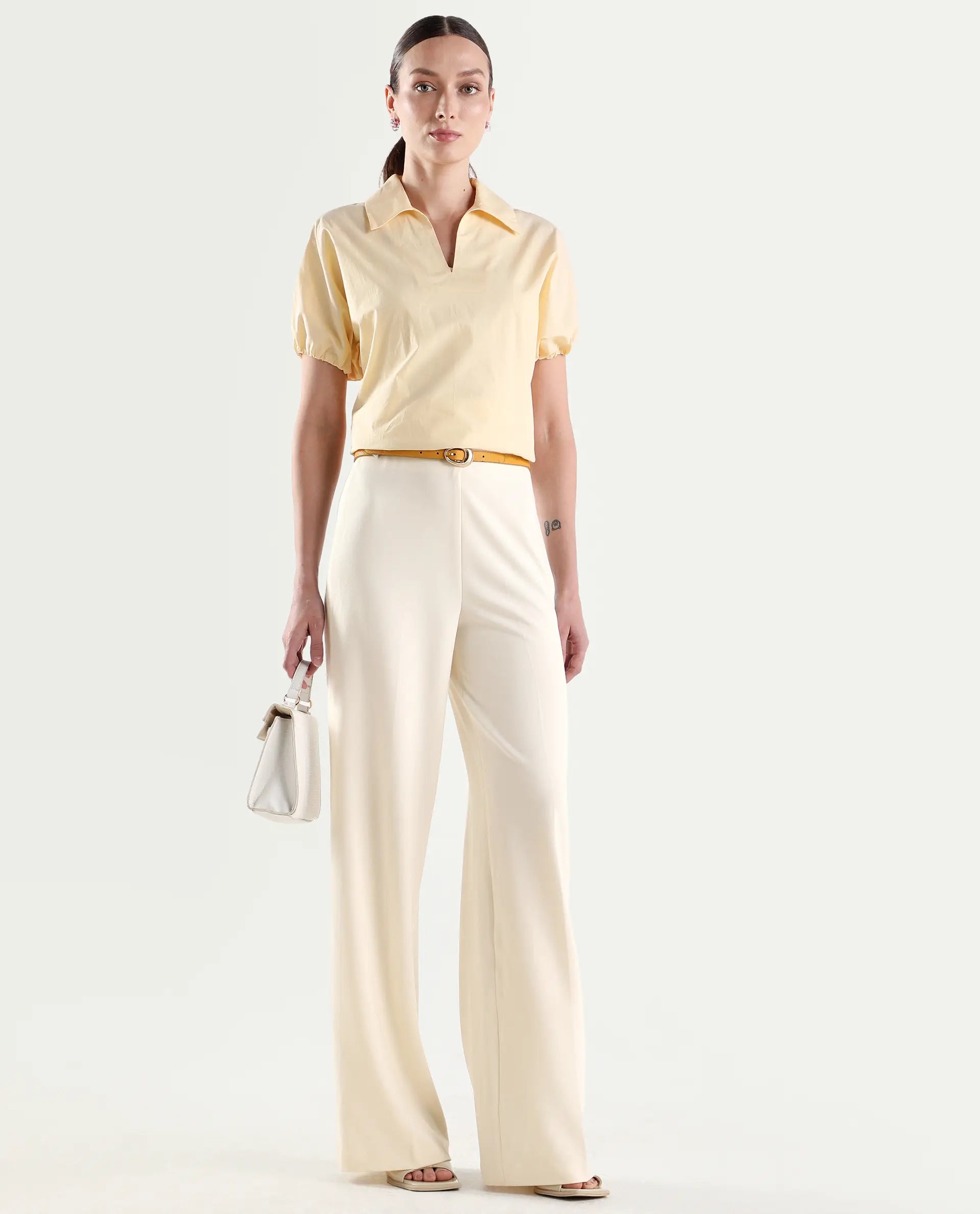 Rareism Women's Widy Off White Polyester Blend Wide Plain Trouser