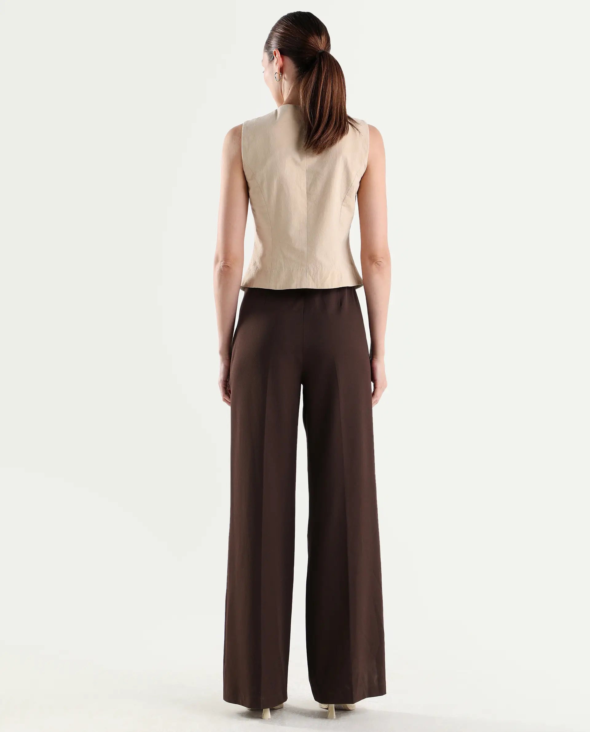Rareism Women's Widy Brown Polyester Blend Fabric Wide Plain Trouser