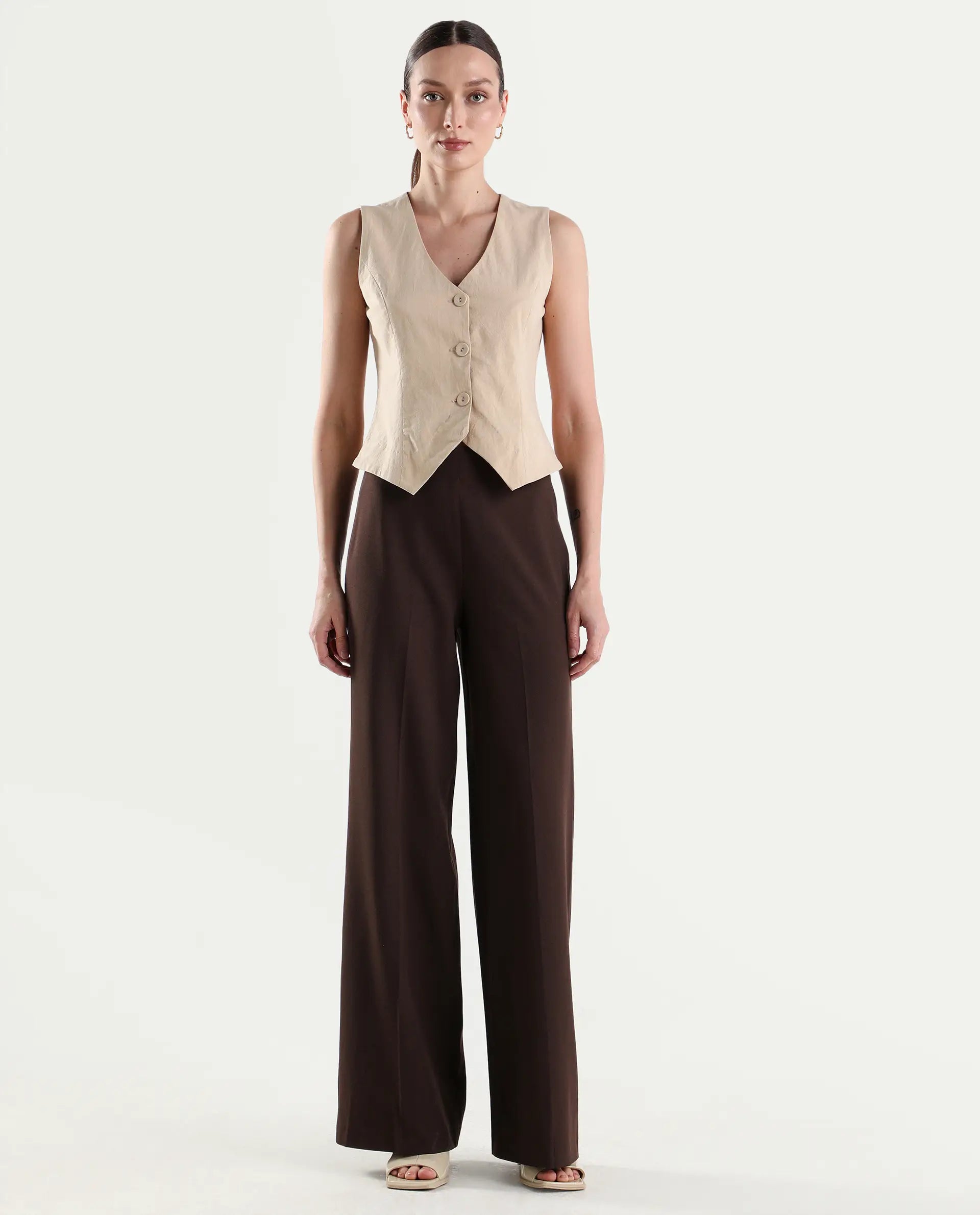 Rareism Women's Widy Brown Polyester Blend Fabric Wide Plain Trouser