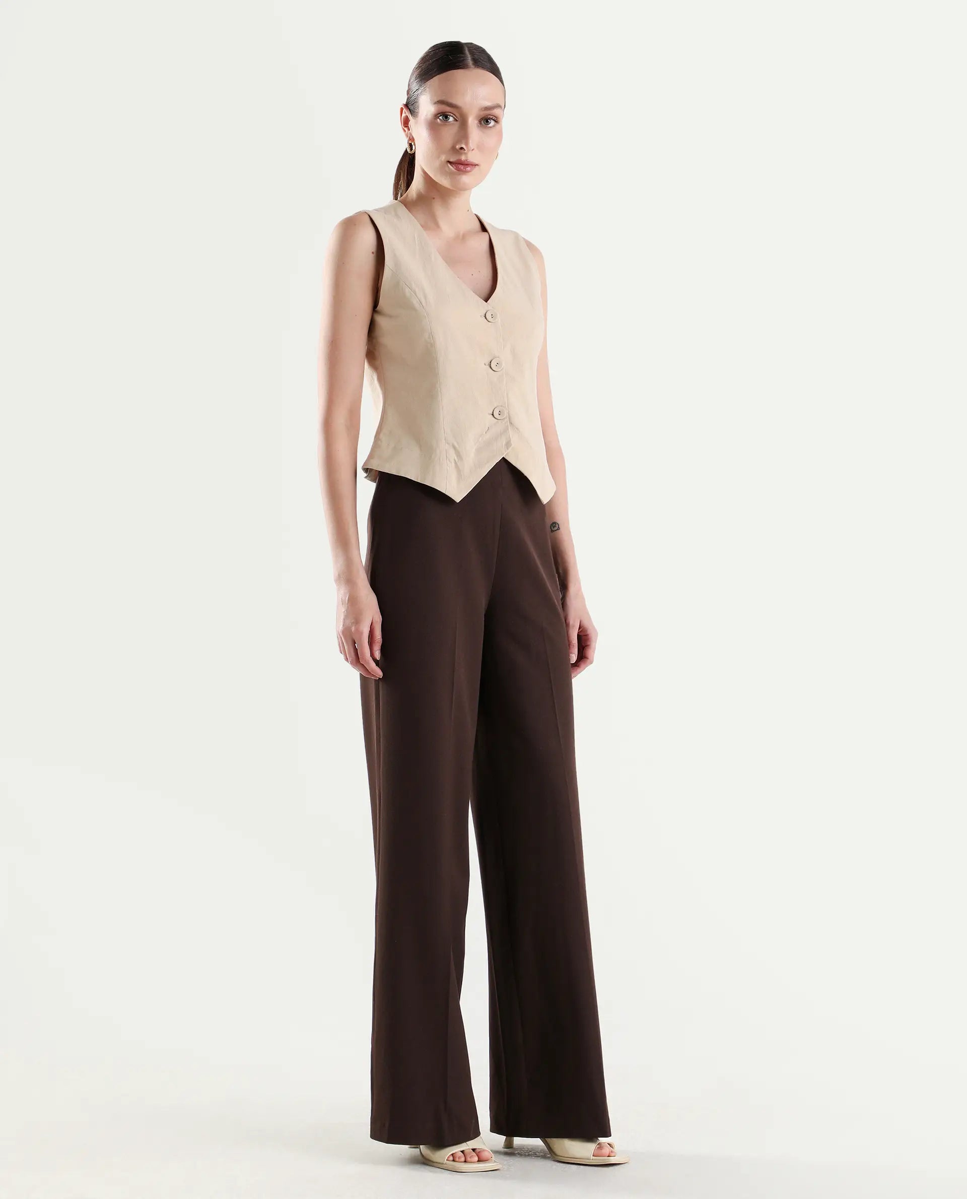 Rareism Women's Widy Brown Polyester Blend Fabric Wide Plain Trouser