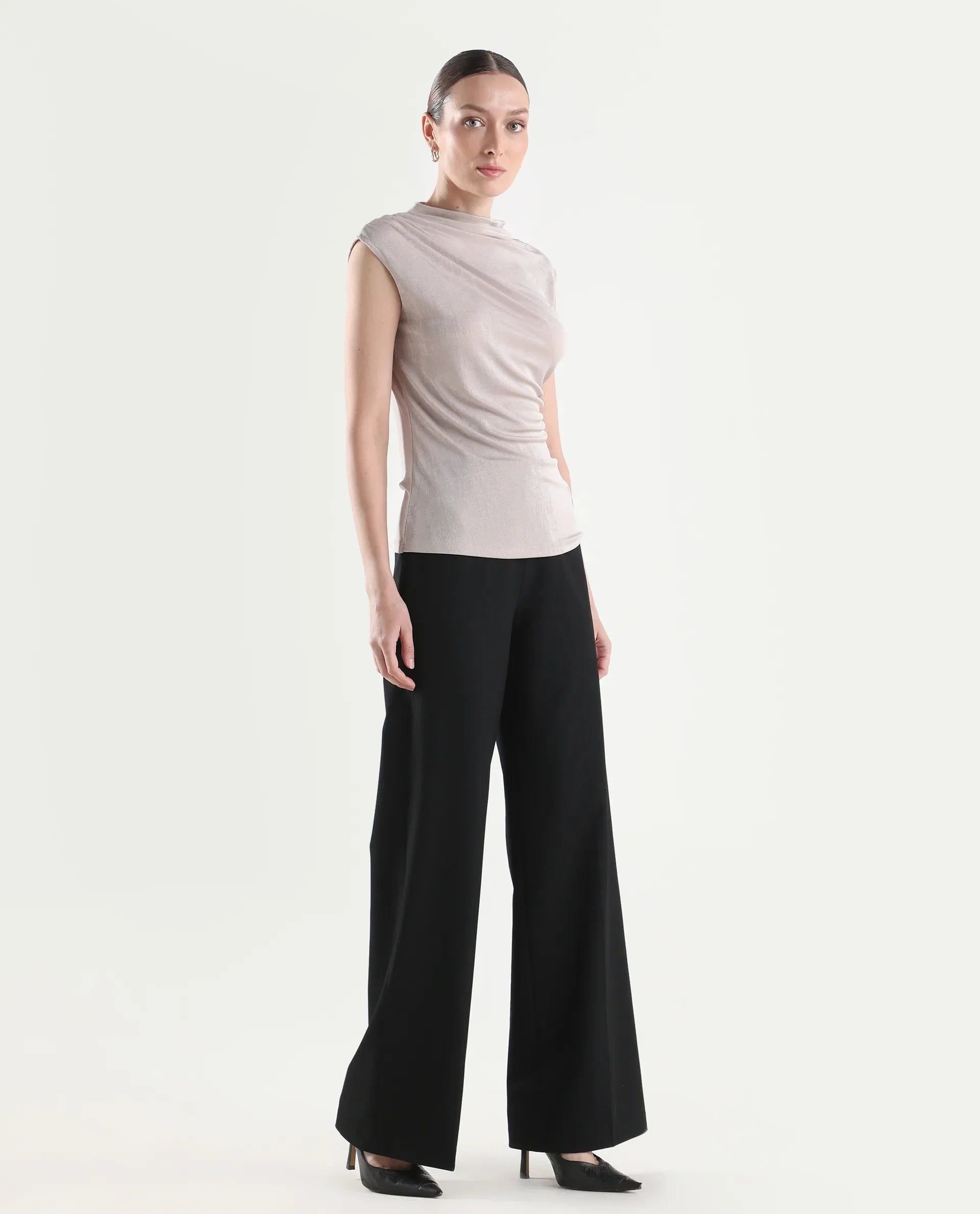 Rareism Women's Widy Black Polyester Blend Wide Plain Trouser