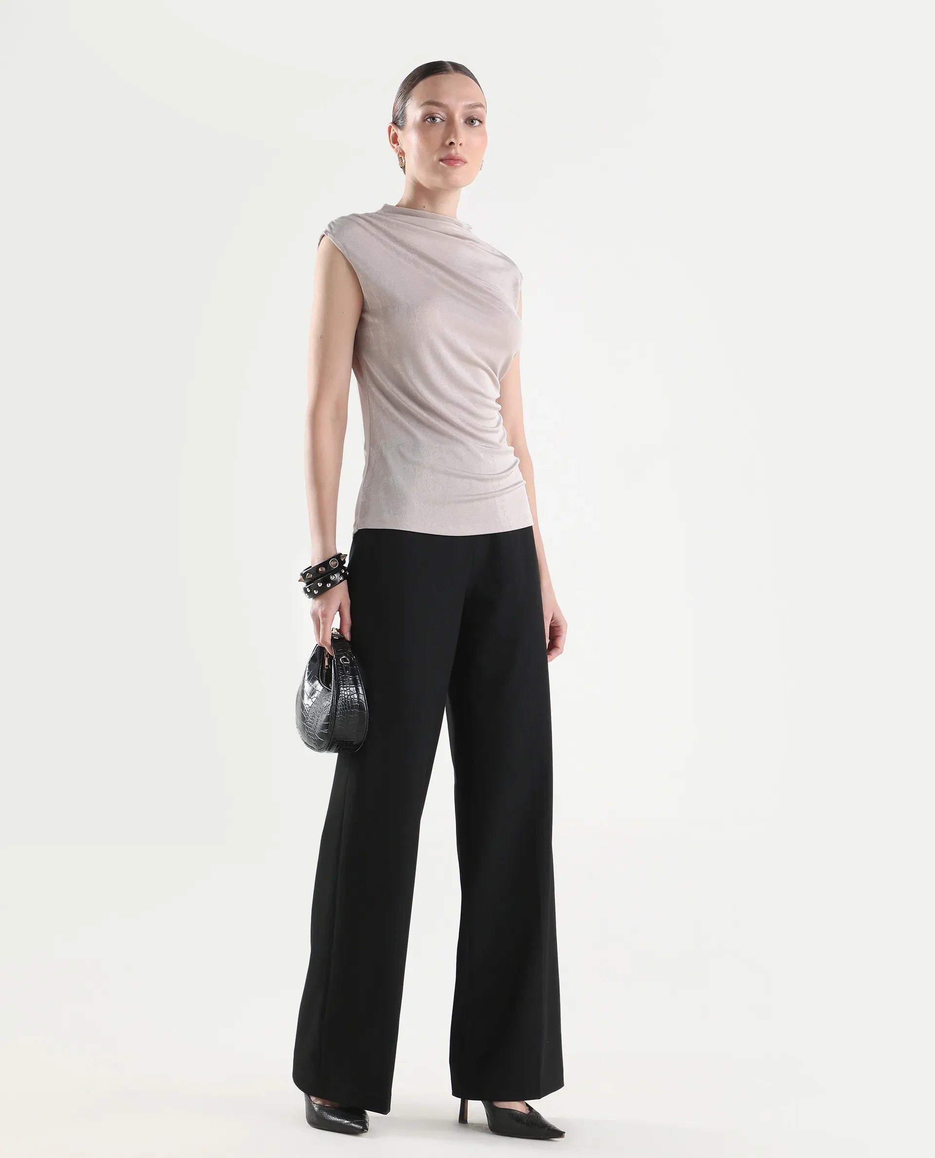Rareism Women's Widy Black Polyester Blend Wide Plain Trouser