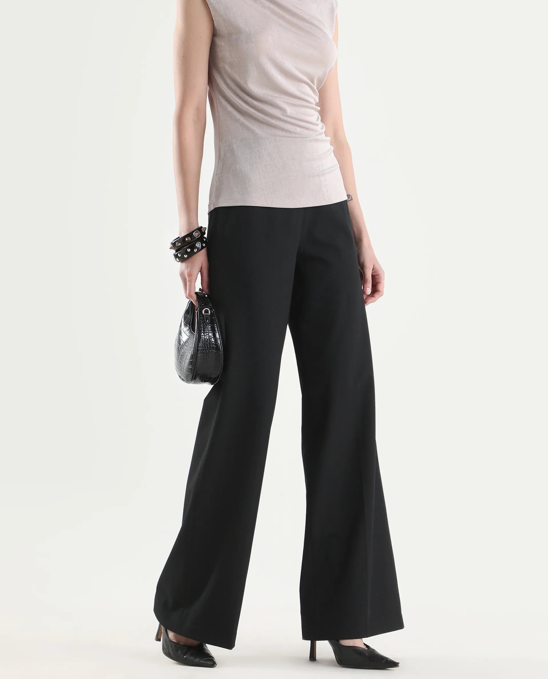 Rareism Women's Widy Black Polyester Blend Wide Plain Trouser