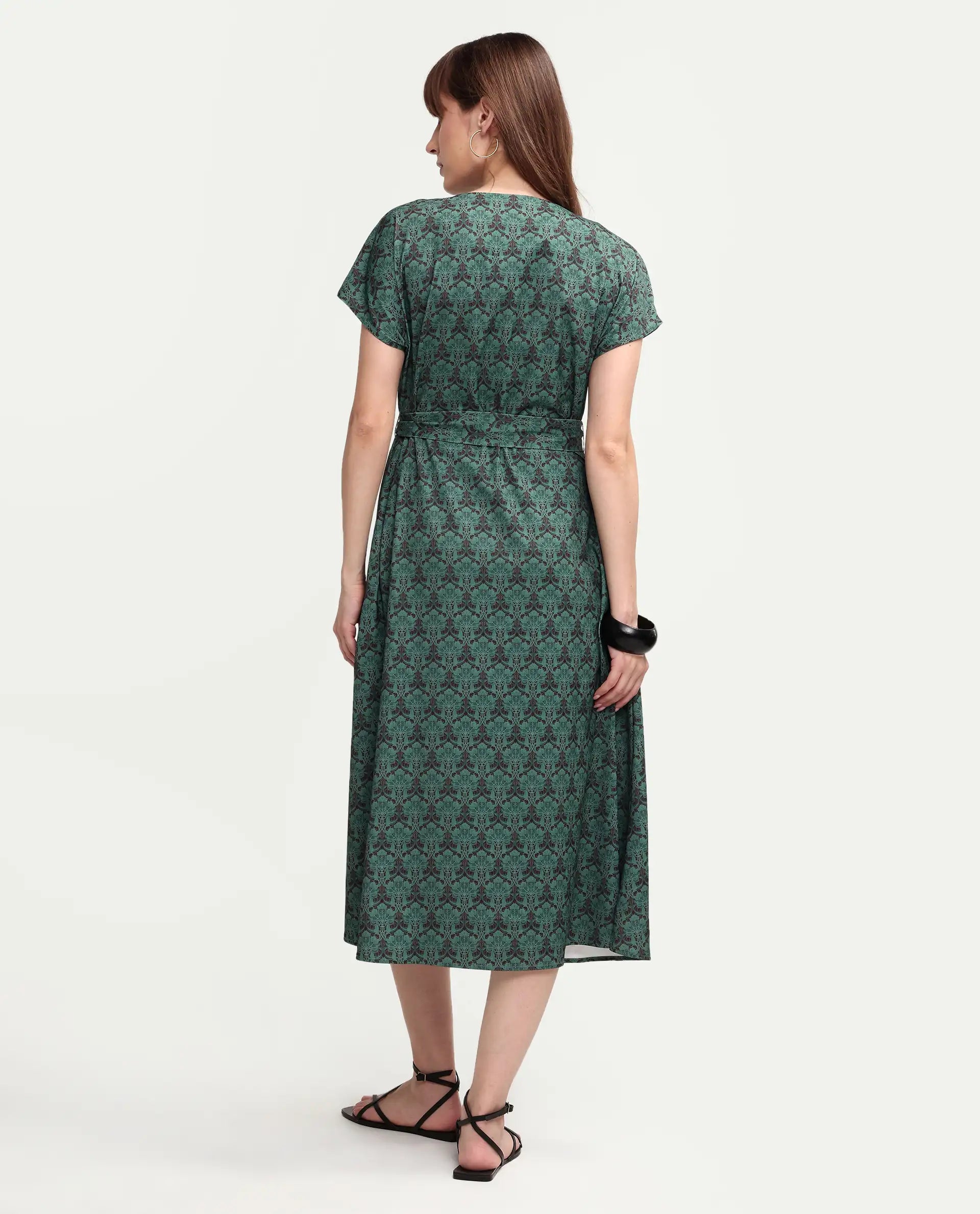 Rareism Women's Addani Dark Green Polyester Fabric Half Sleeve Crew Neck A-Line Floral Print Dress