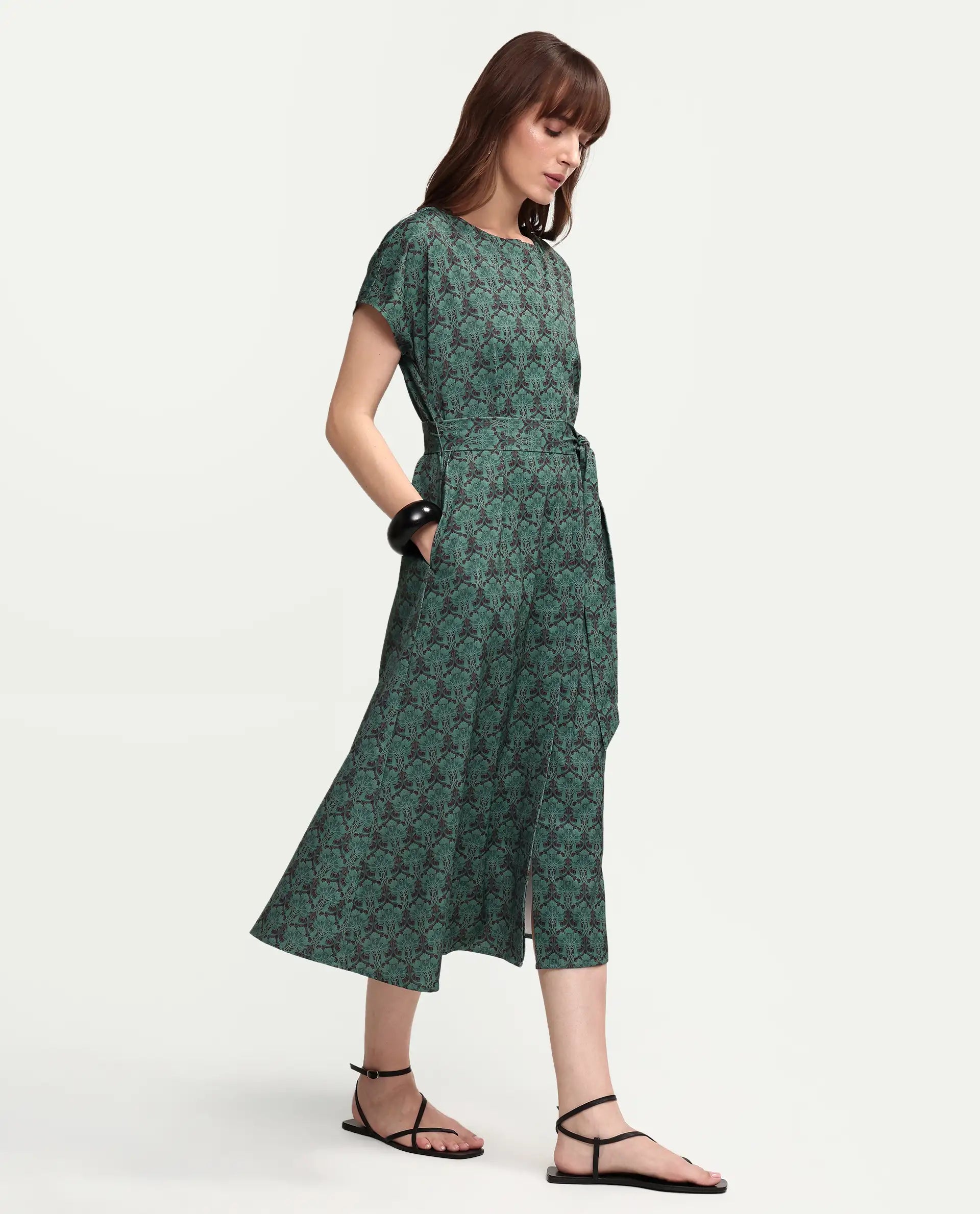Rareism Women's Addani Dark Green Polyester Fabric Half Sleeve Crew Neck A-Line Floral Print Dress