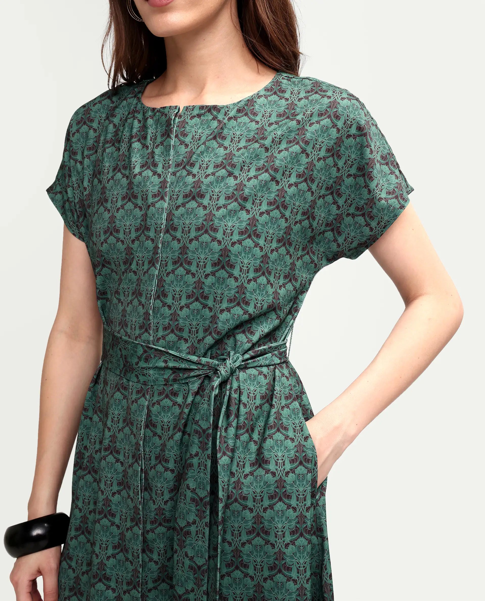 Rareism Women's Addani Dark Green Polyester Fabric Half Sleeve Crew Neck A-Line Floral Print Dress