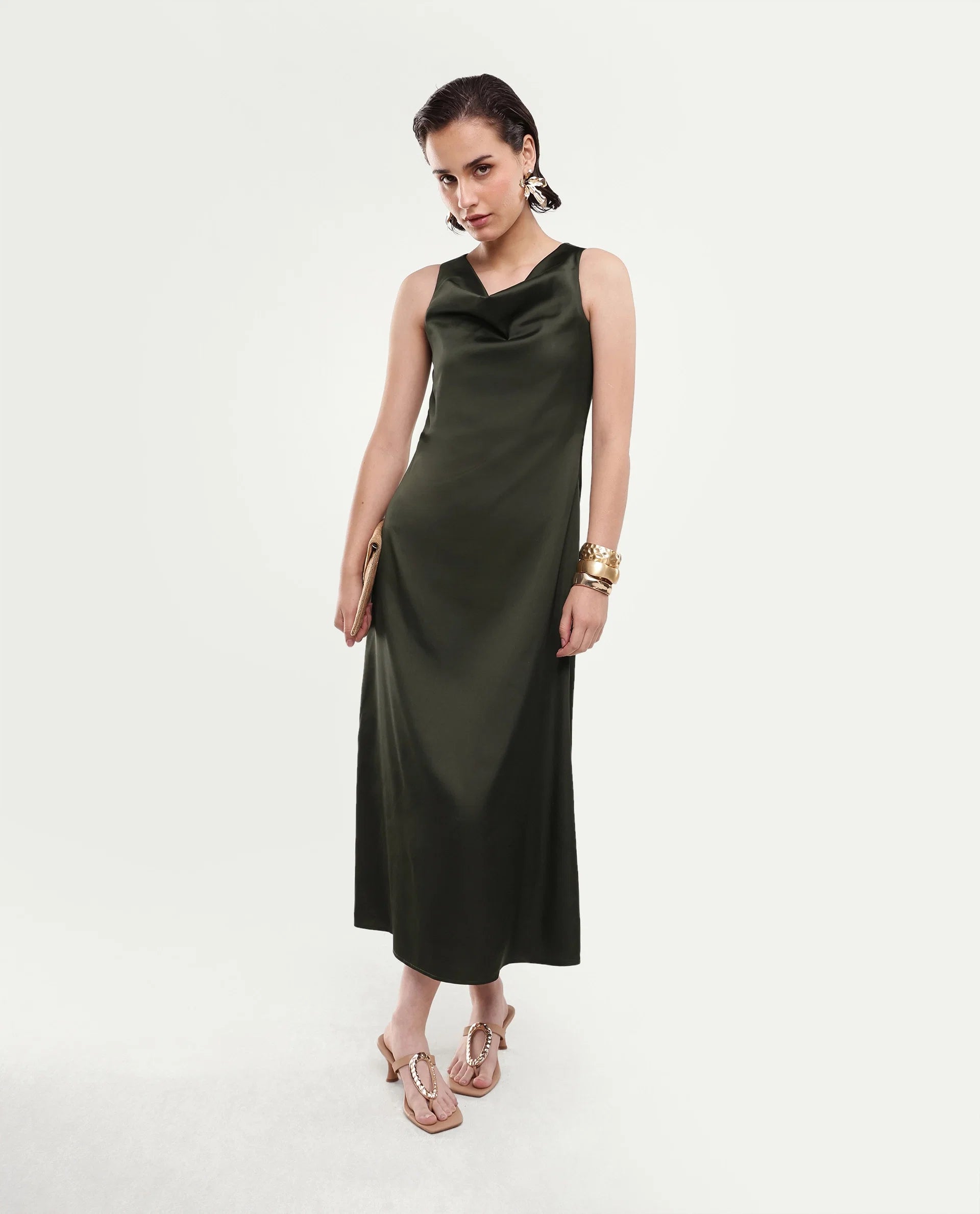 Rareism Women's Addina Olive Polyester Cowl Neck Pull-On Bodycon Plain Dress