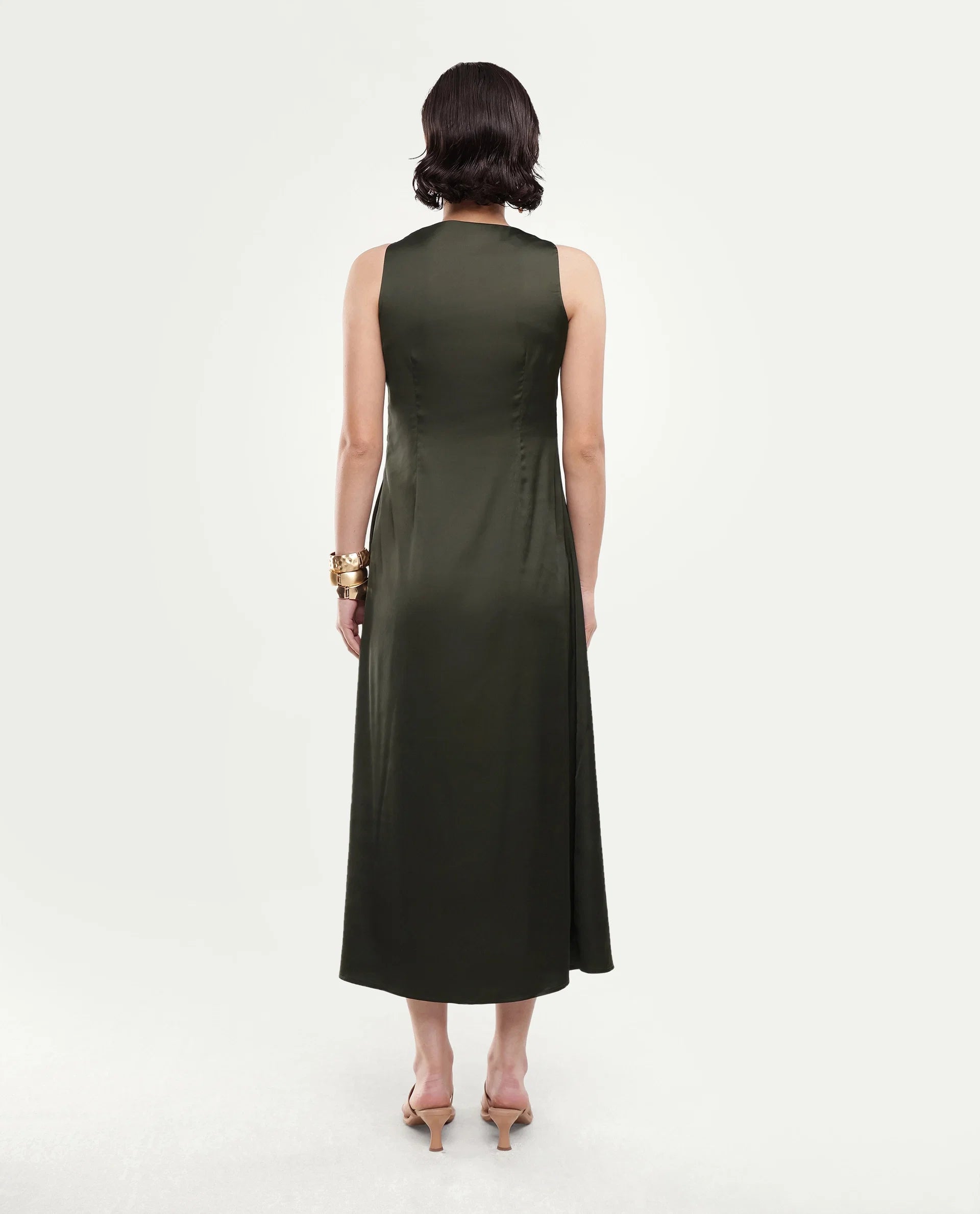 Rareism Women's Addina Olive Polyester Cowl Neck Pull-On Bodycon Plain Dress