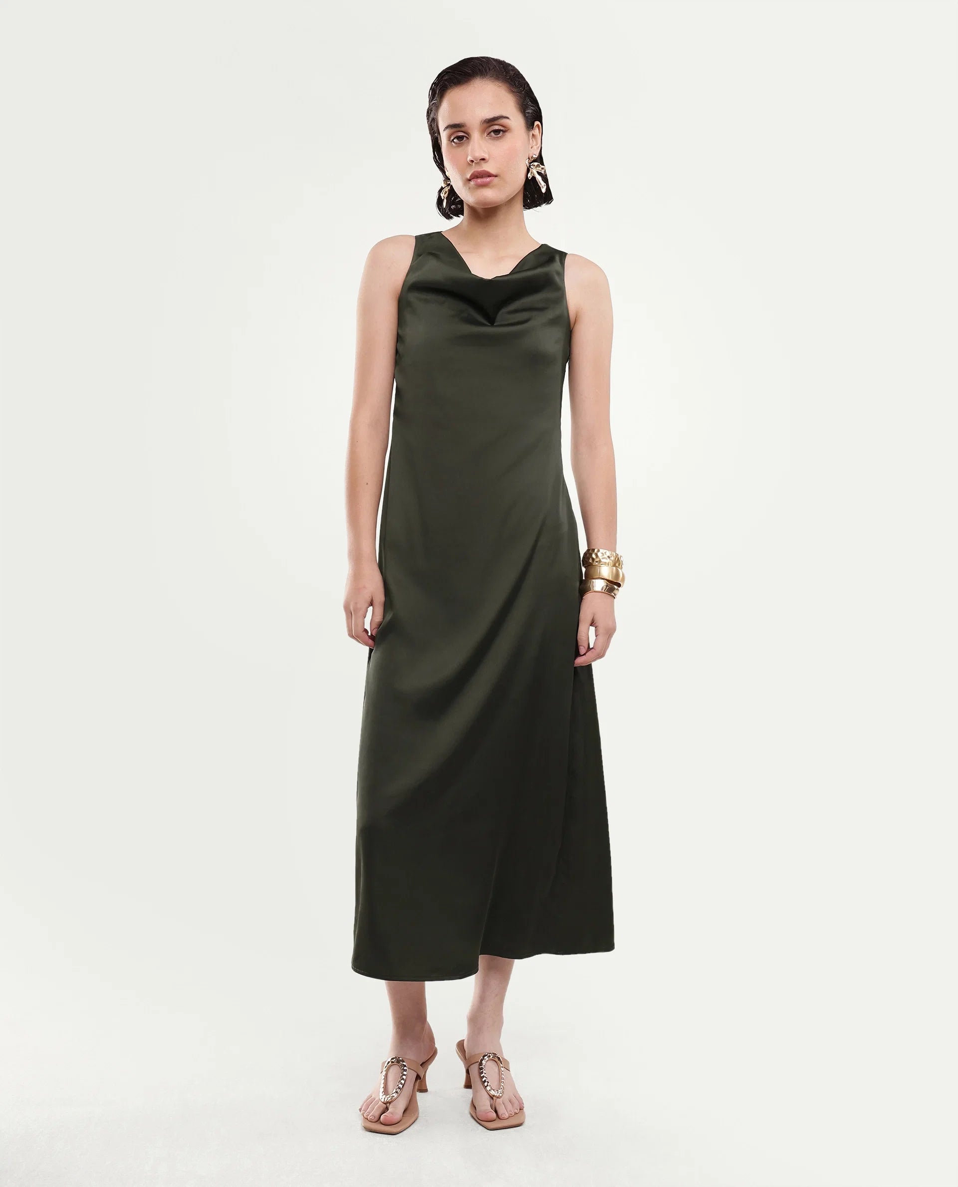 Rareism Women's Addina Olive Polyester Cowl Neck Pull-On Bodycon Plain Dress